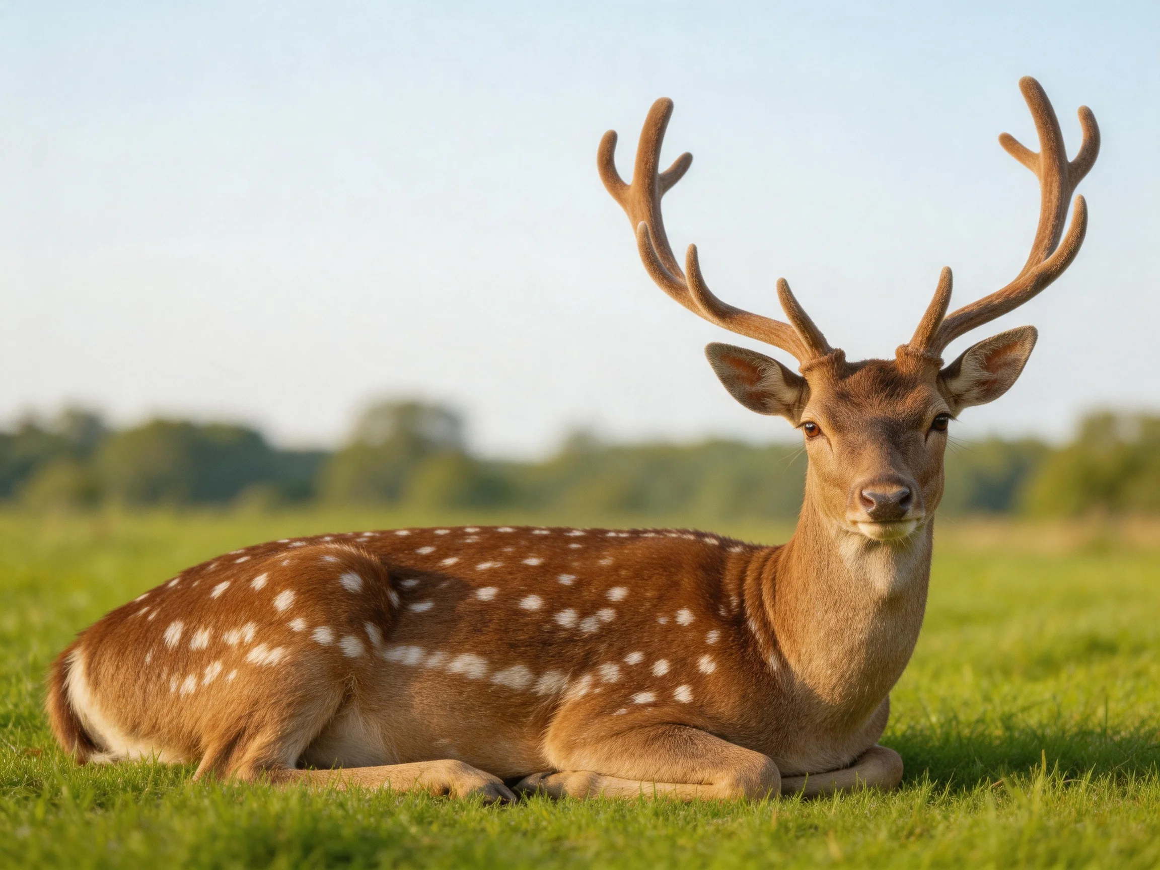 A spotted deer with large antlers resting in a green meadow