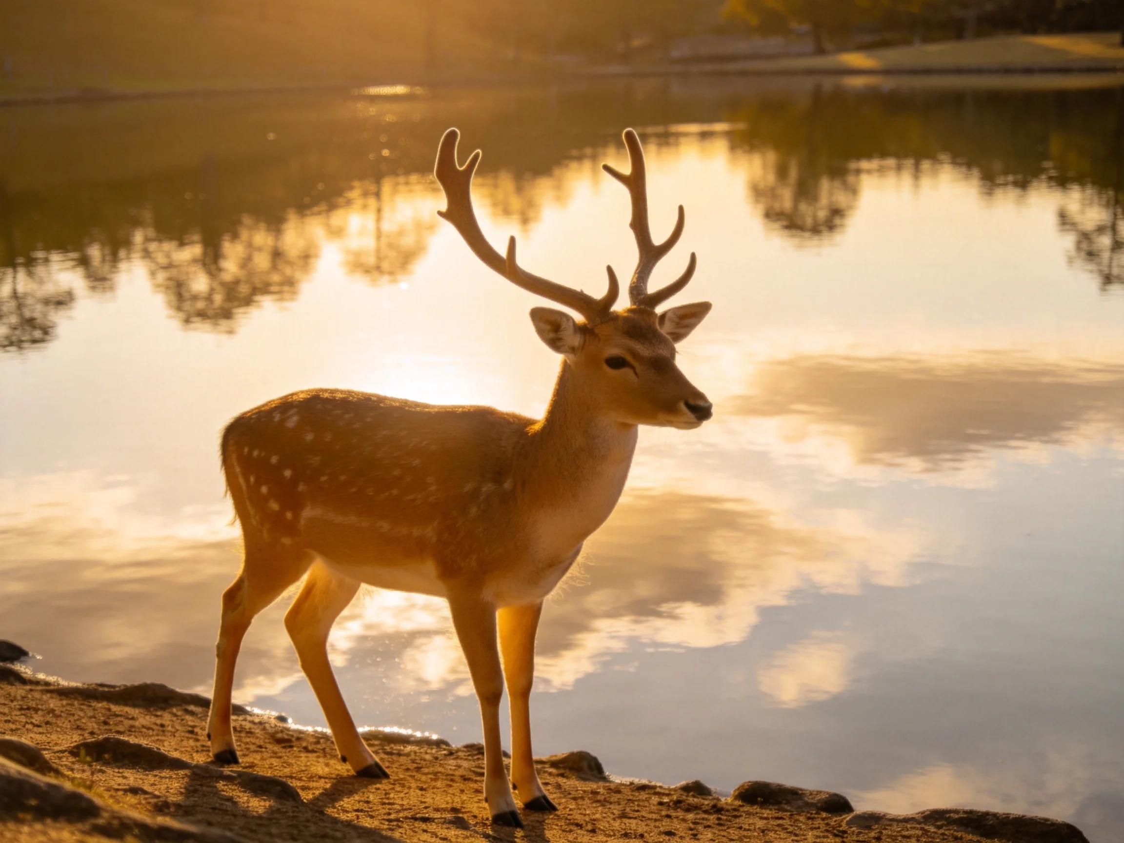 A spotted deer with antlers stands by a calm lake in golden light.