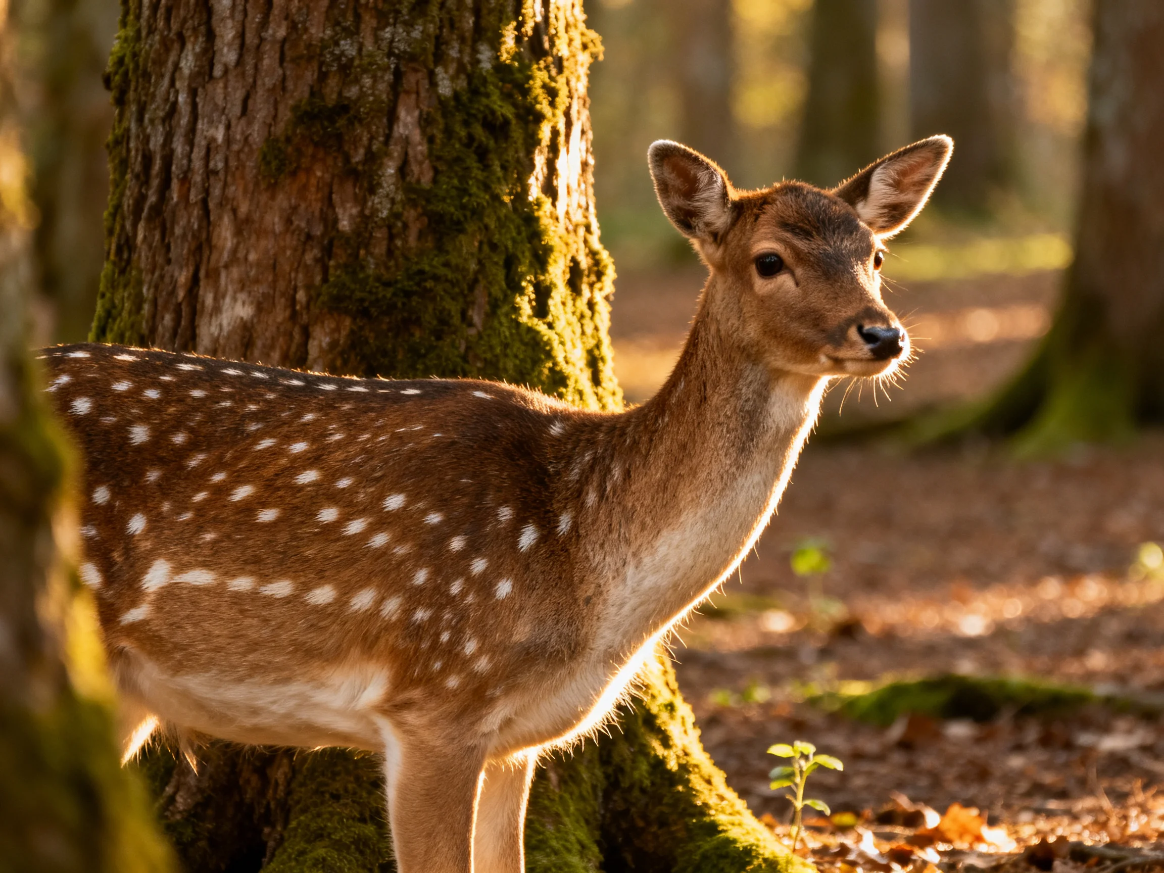A spotted deer with white spots stands by a mossy tree in a sunlit forest