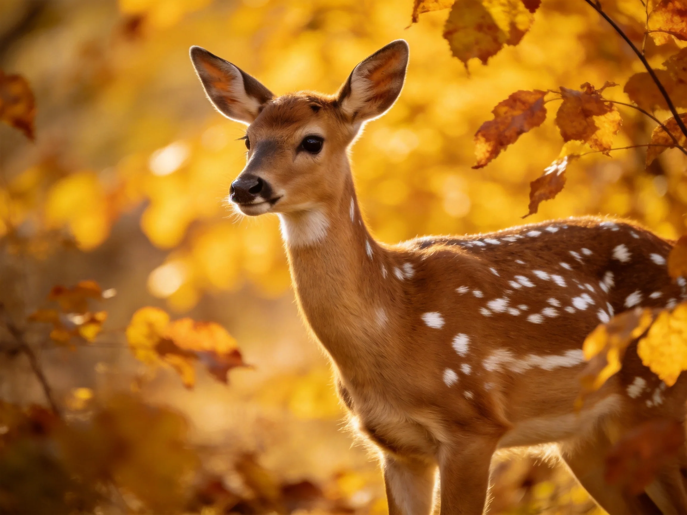 A spotted fawn amid golden autumn foliage