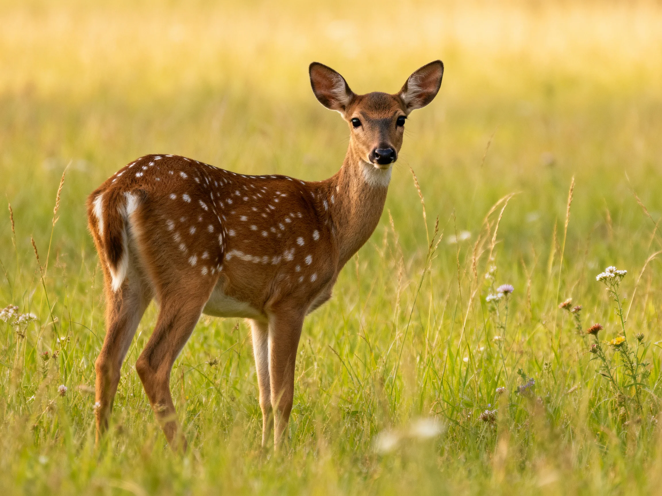 A spotted fawn stands in a sunlit meadow.