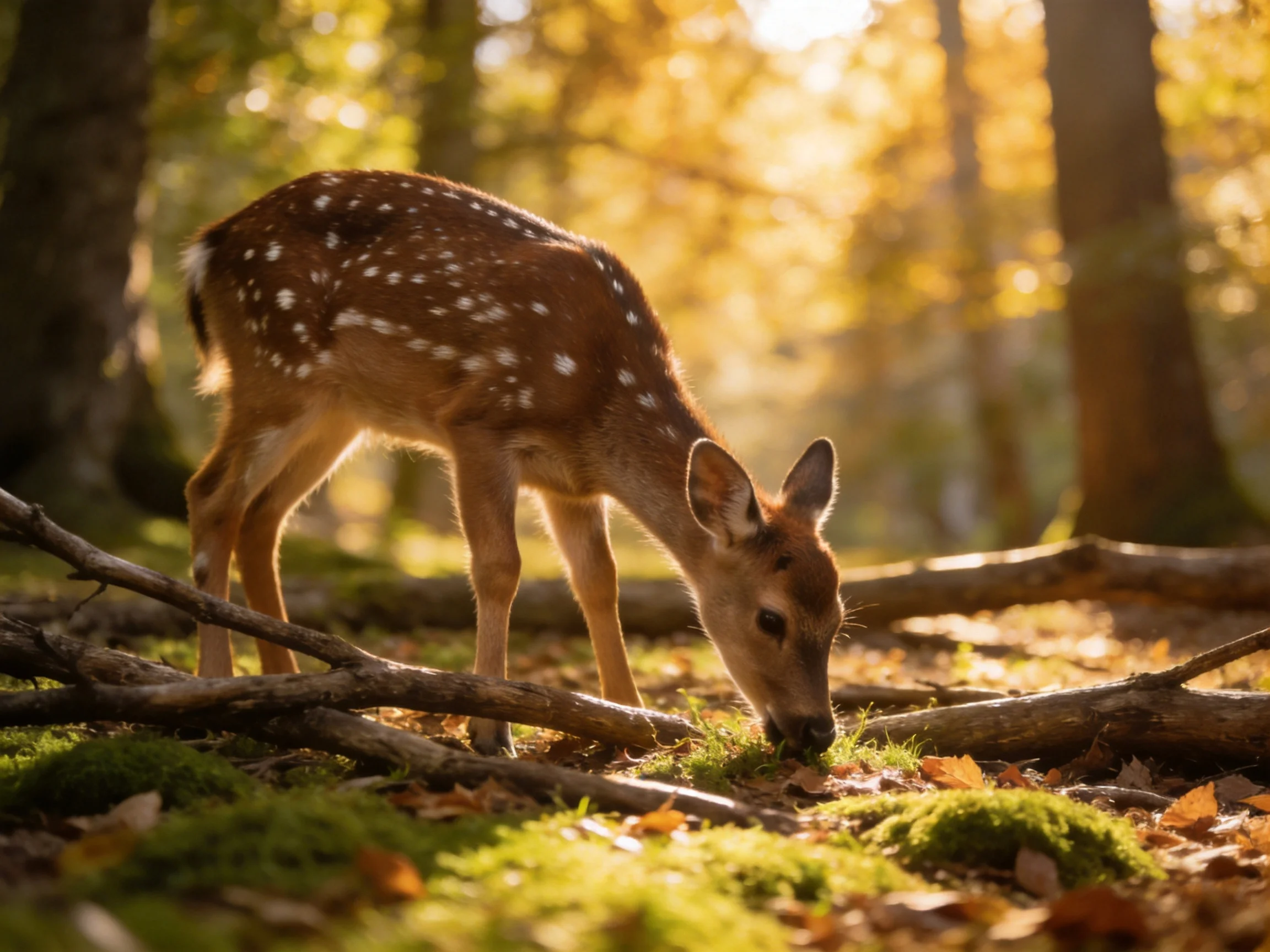 A spotted fawn forages in a sun-dappled forest clearing