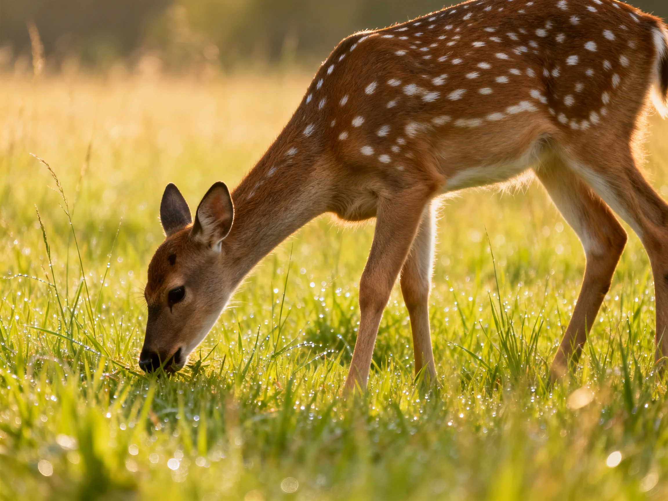 A spotted fawn grazes in dewy, golden meadow grass