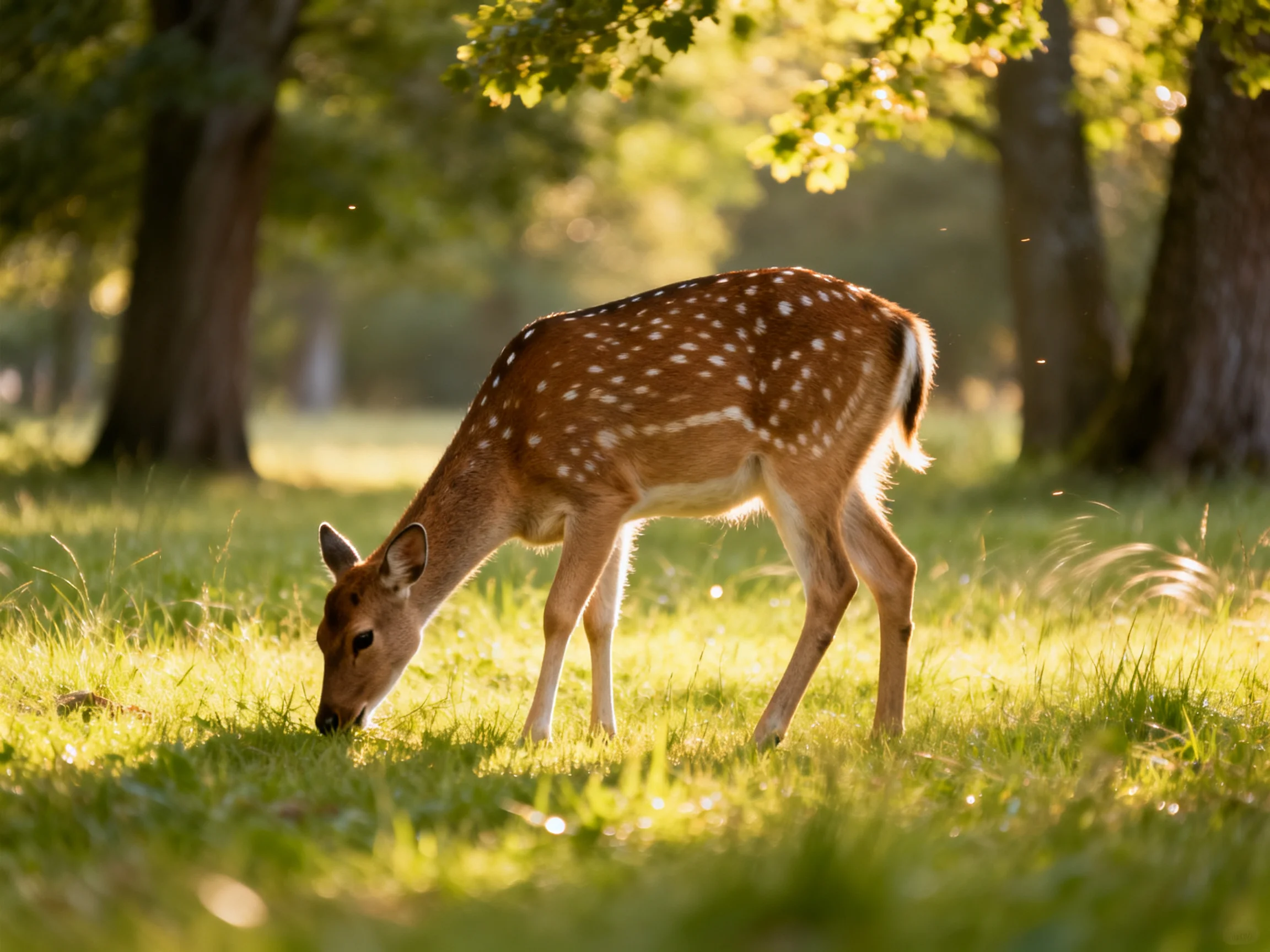 A spotted fawn grazing in a sun-dappled forest clearing