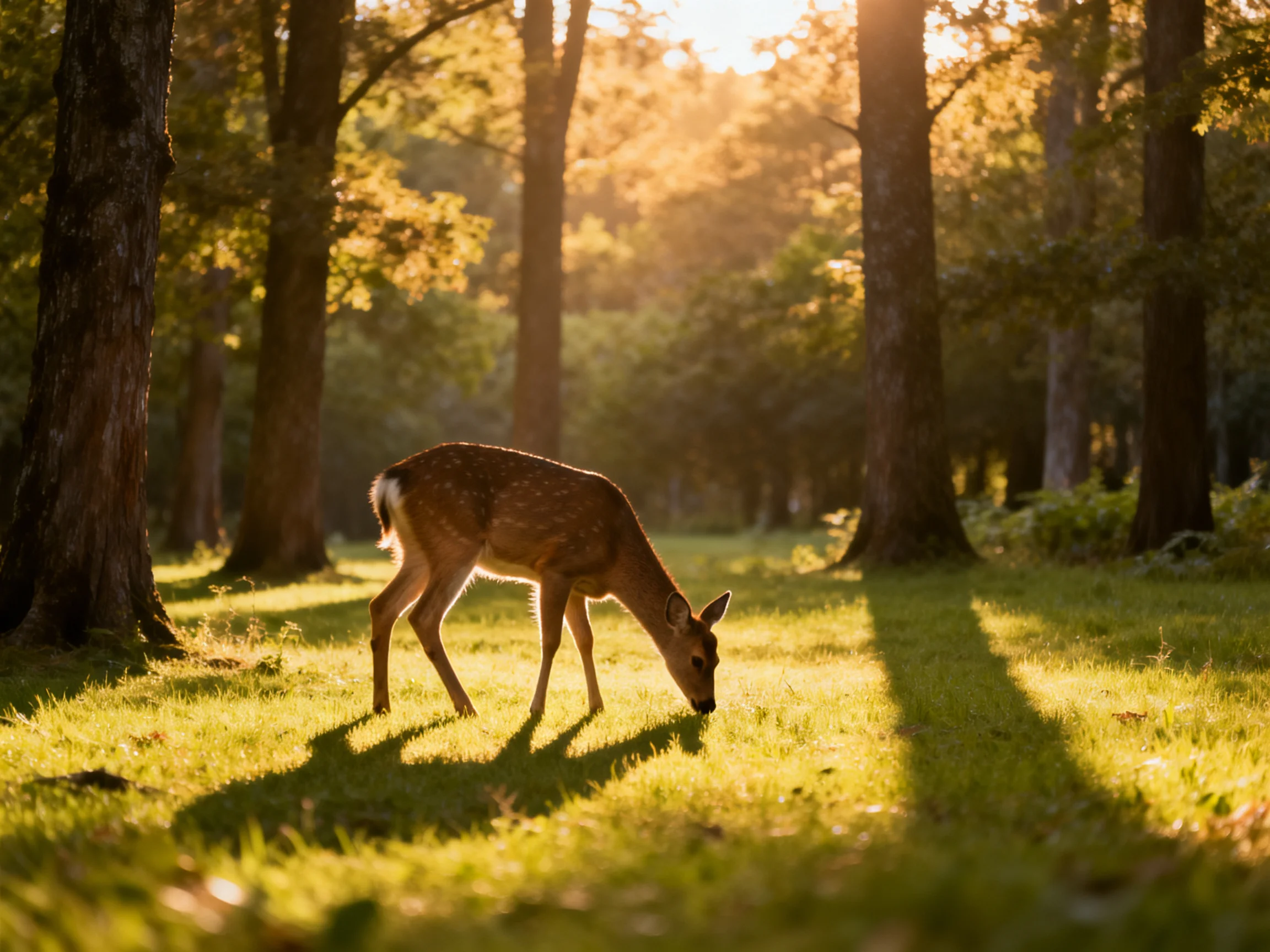 A young deer with spotted coat feeds in a sunlit woodland space.