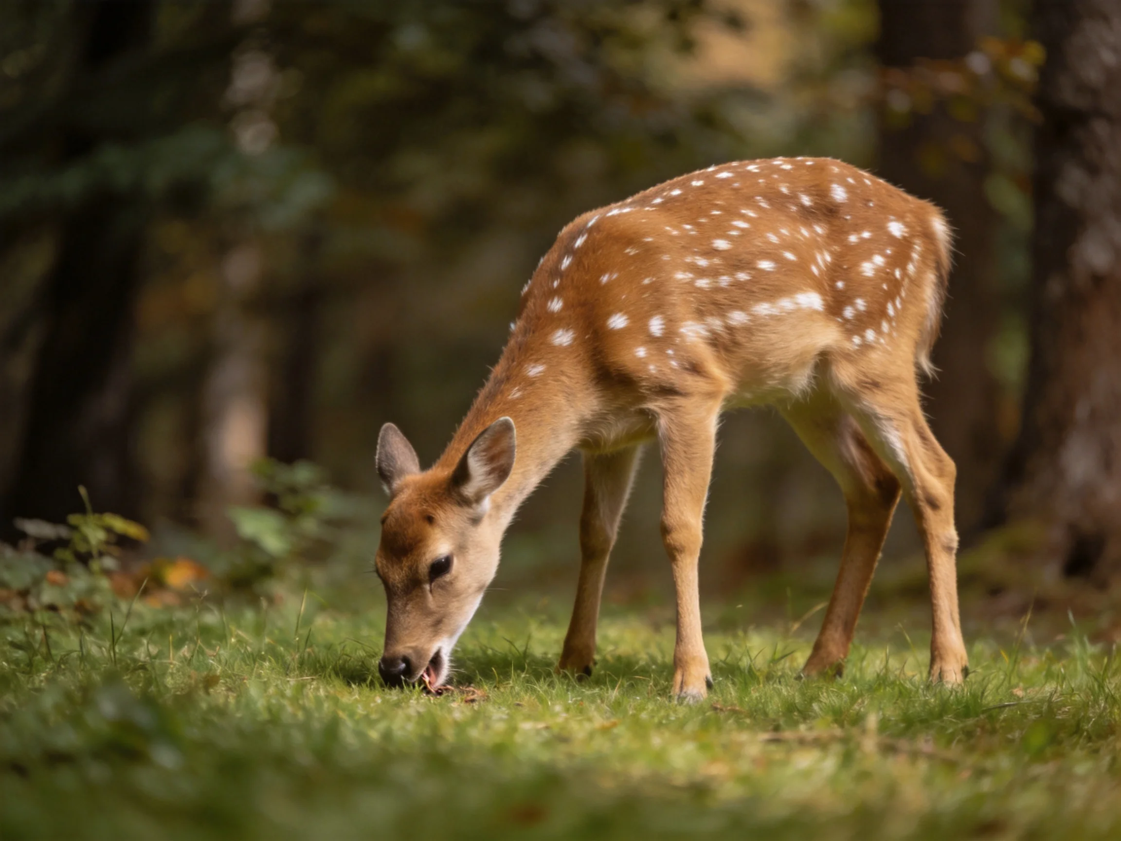 A spotted fawn grazing in a sunlit forest clearing