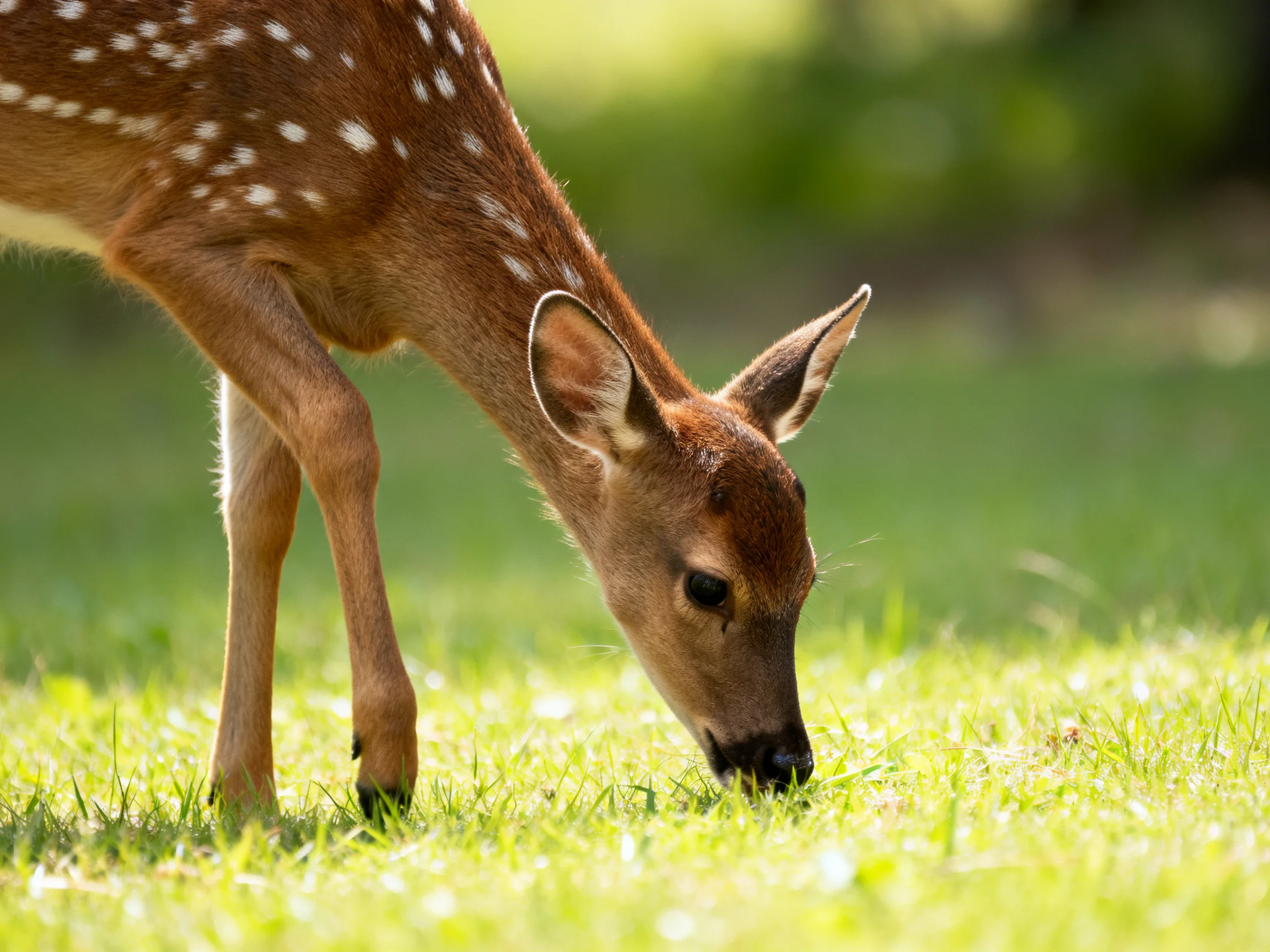 A young deer with white spots grazes in a sunlit meadow.