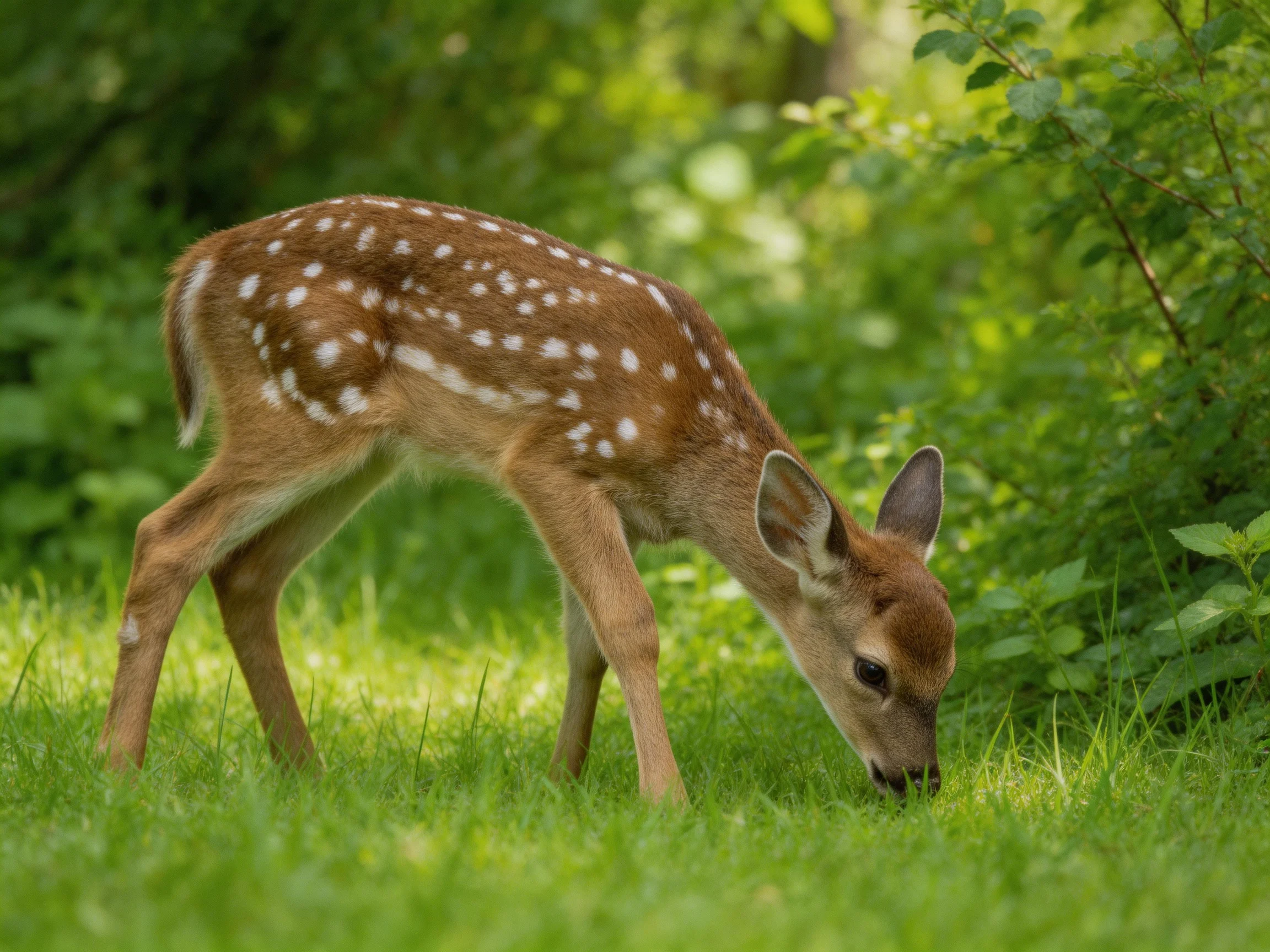 A young deer with white spots feeds in a sunlit grassy area.