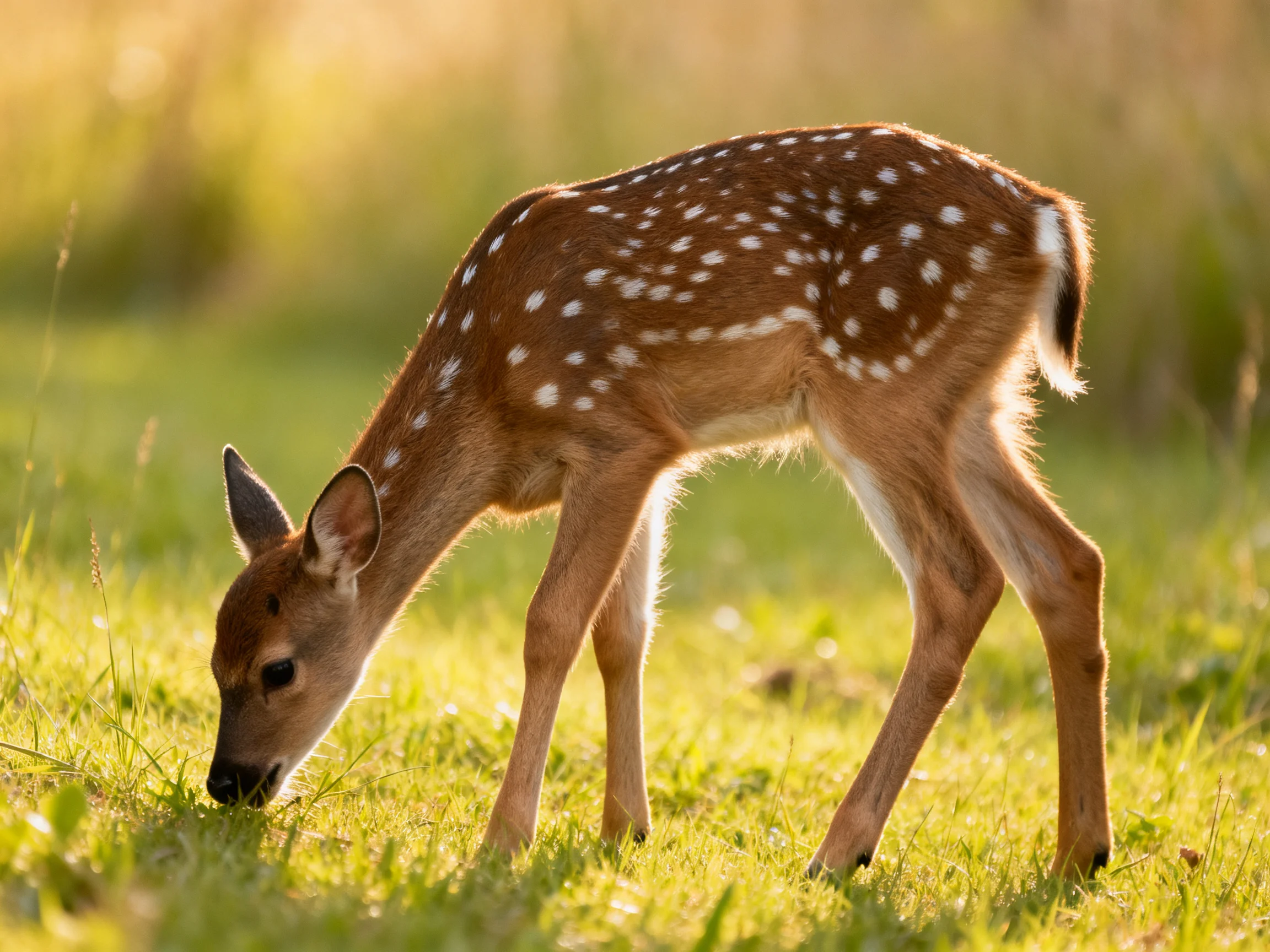A young deer with white spots feeds in a sunlit grassy area.