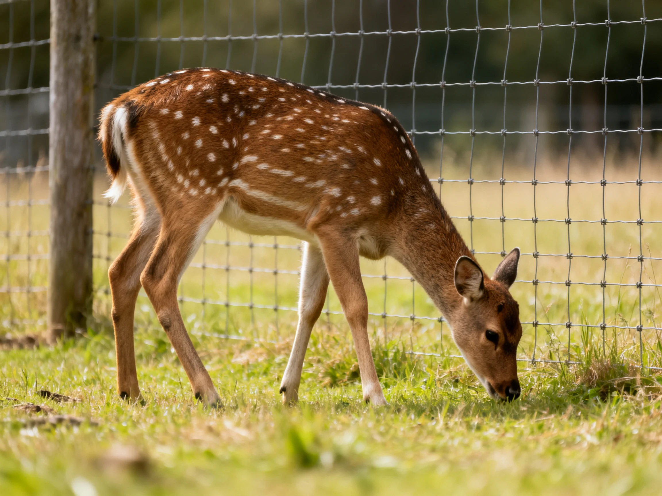 A spotted fawn grazes on grass beside a wire fence under bright sunlight.