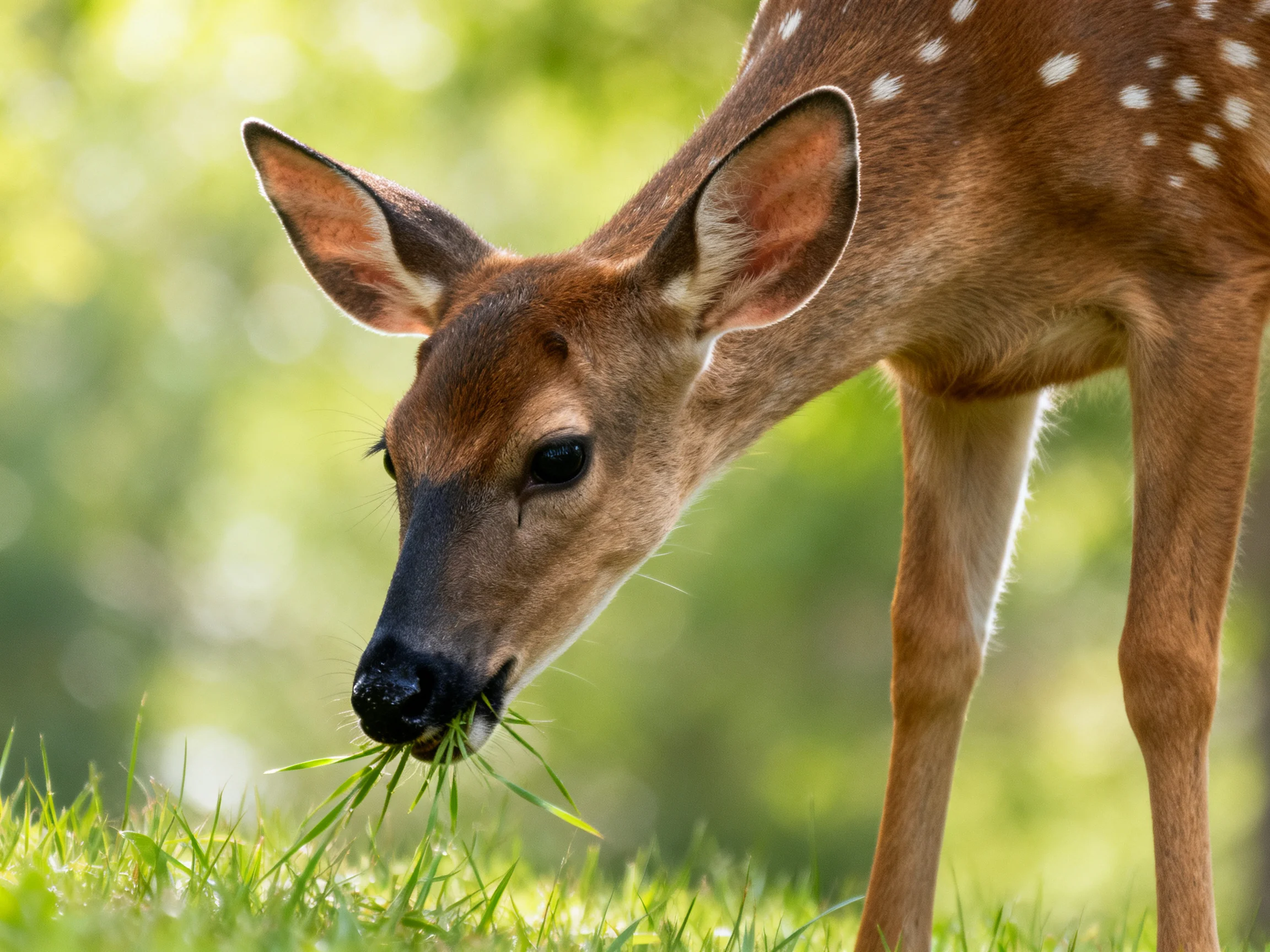 A spotted fawn grazing on lush green grass in a sunlit forest clearing