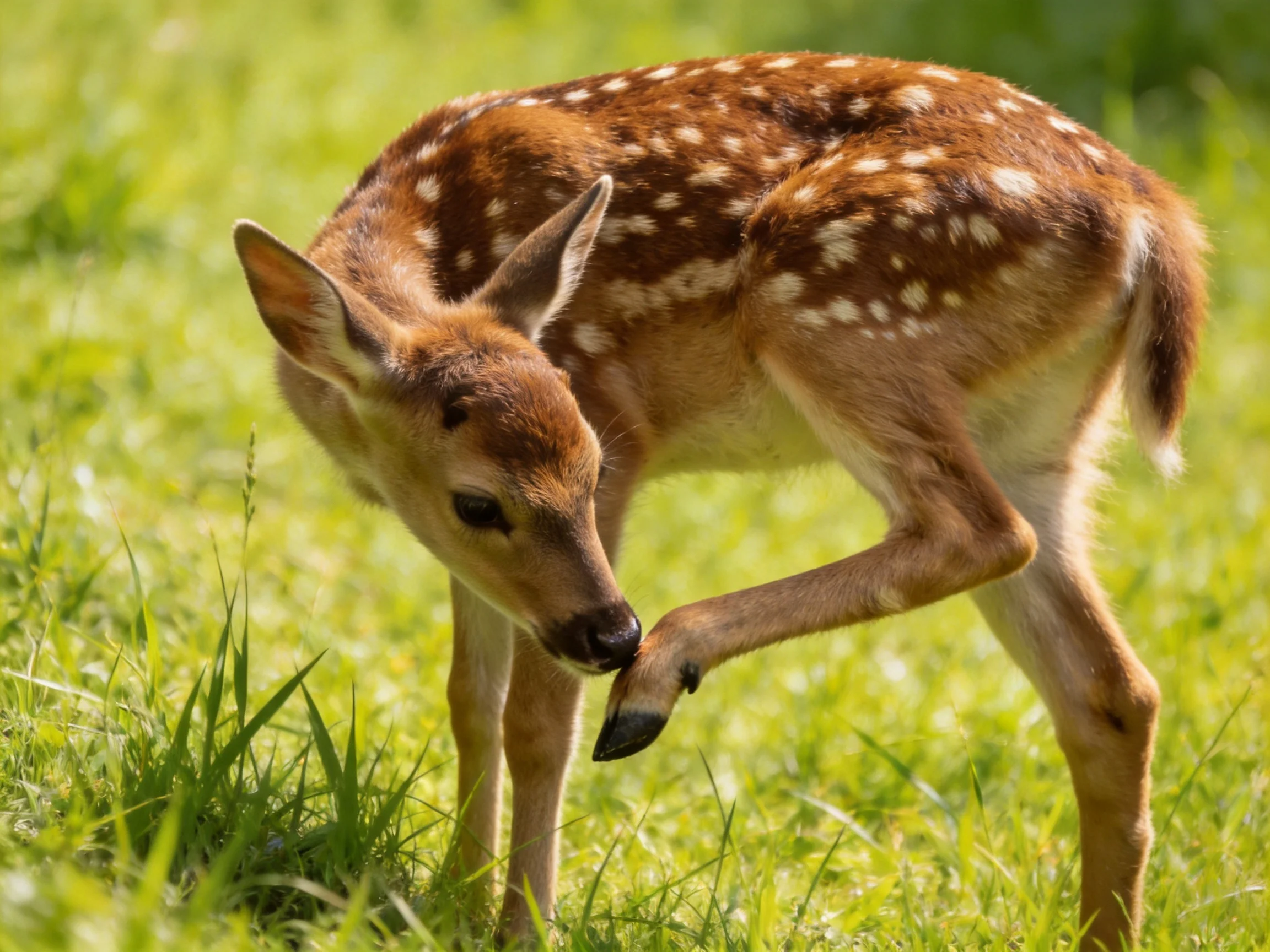 A young spotted deer grooms itself in a sunlit meadow.