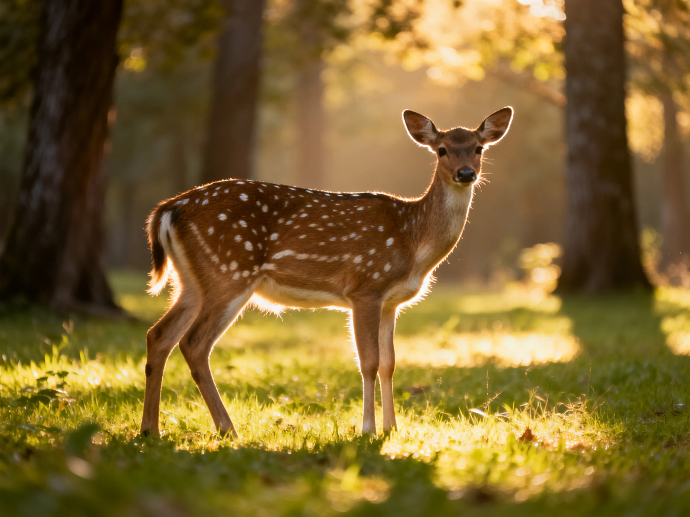 A young deer with white spots stands in a sunlit forest.