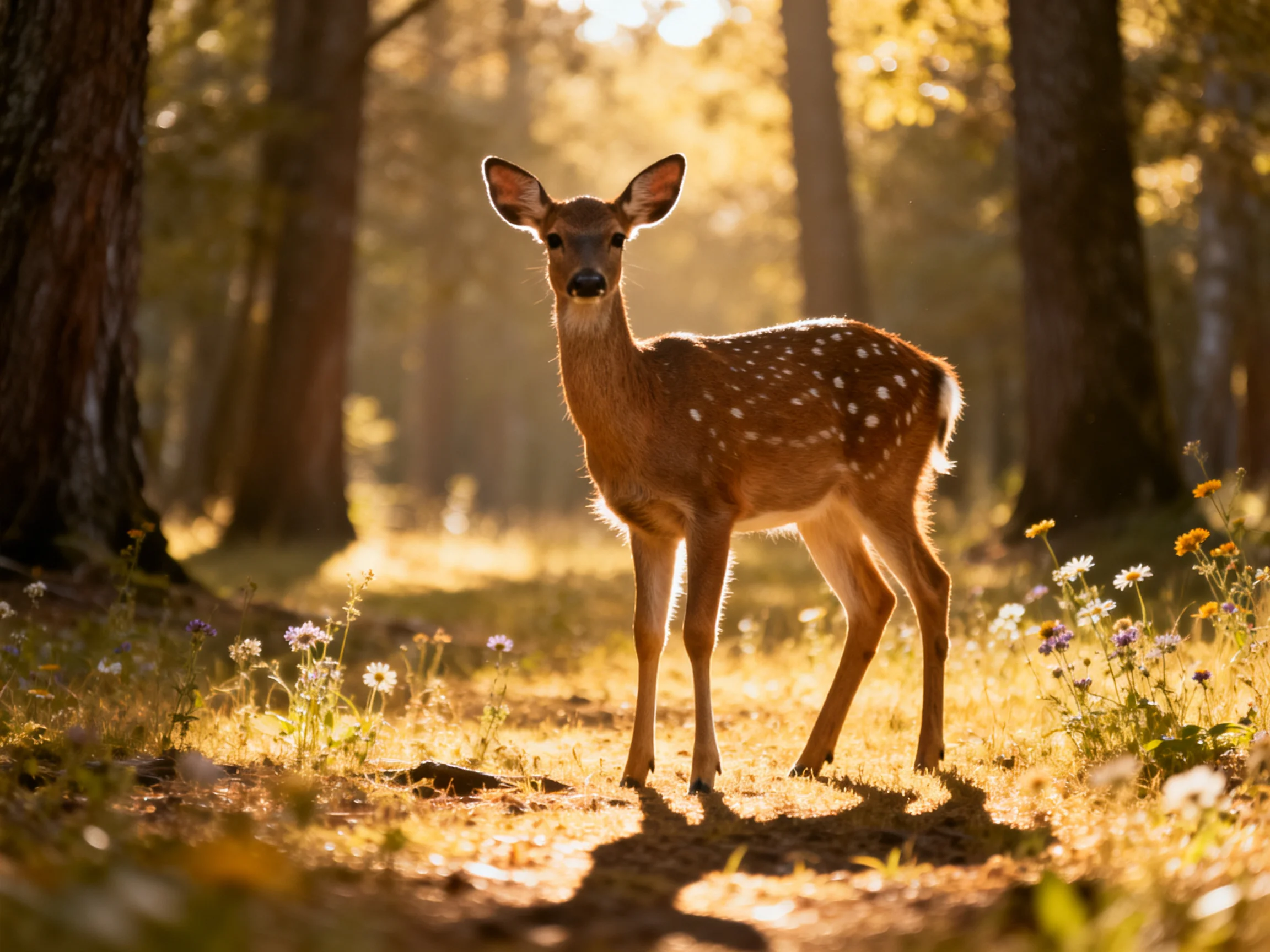 A spotted fawn stands in a sunlit forest area near trees and wildflowers.