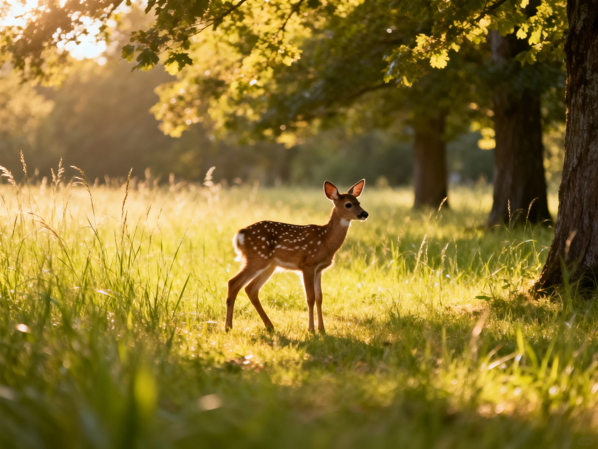 A spotted fawn in sunlit green meadow near tall trees