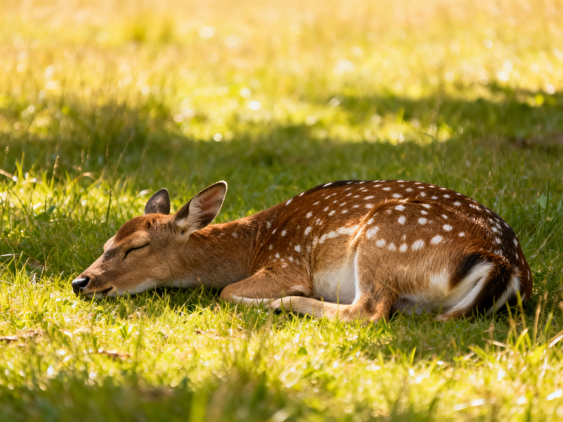 A spotted fawn naps on sun-kissed green grass