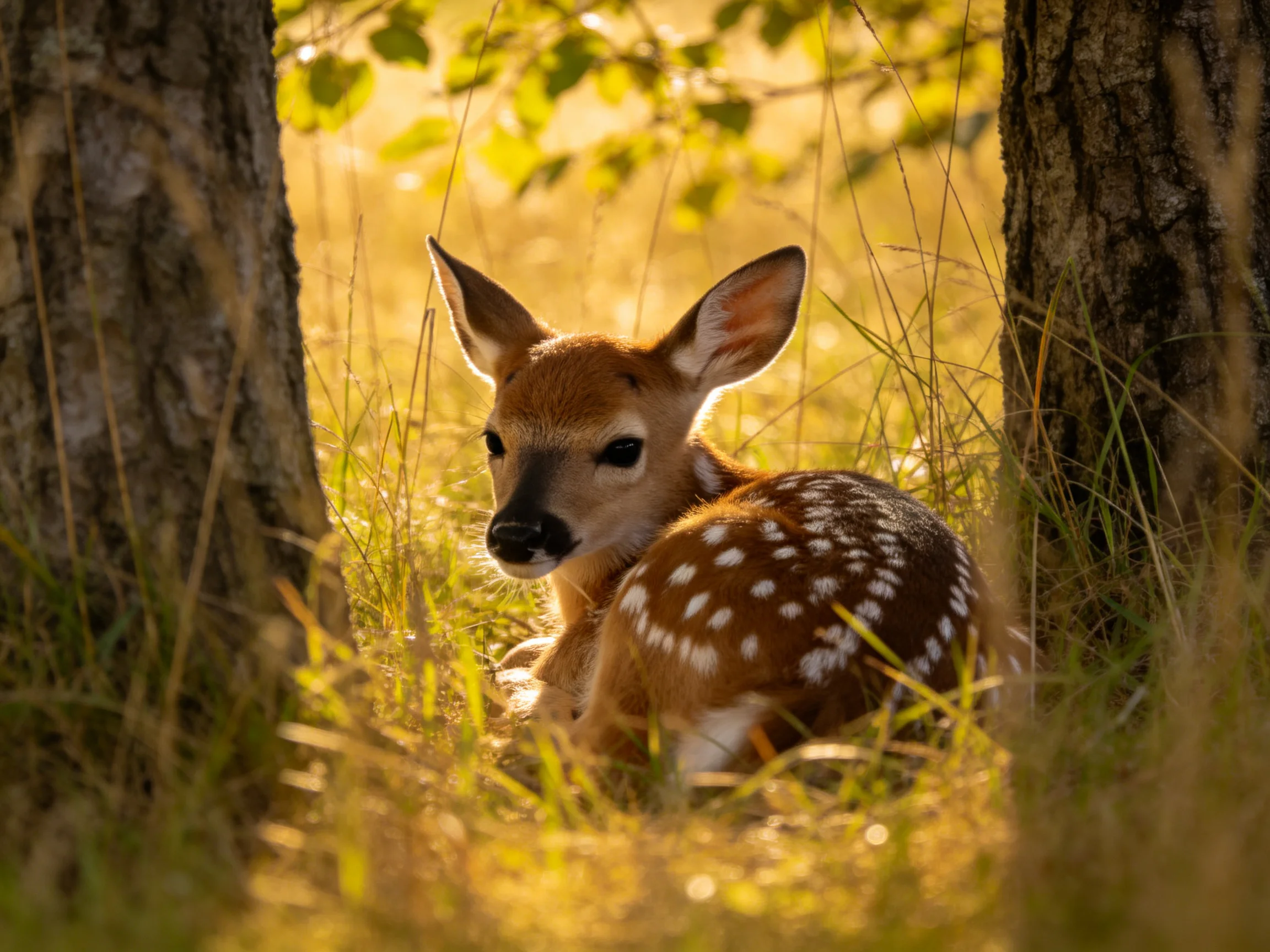 A spotted fawn nestled between two trees in golden sunlight