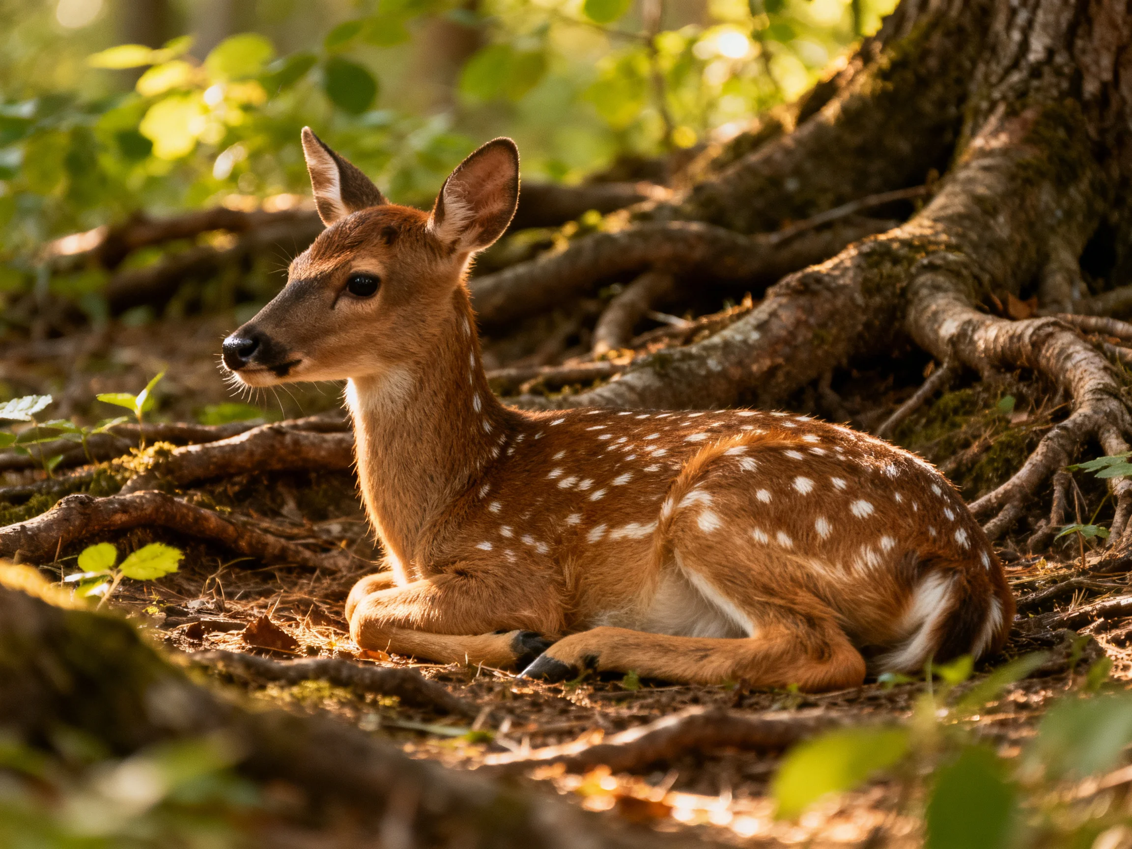A spotted fawn resting near gnarled tree roots in a sun-dappled forest