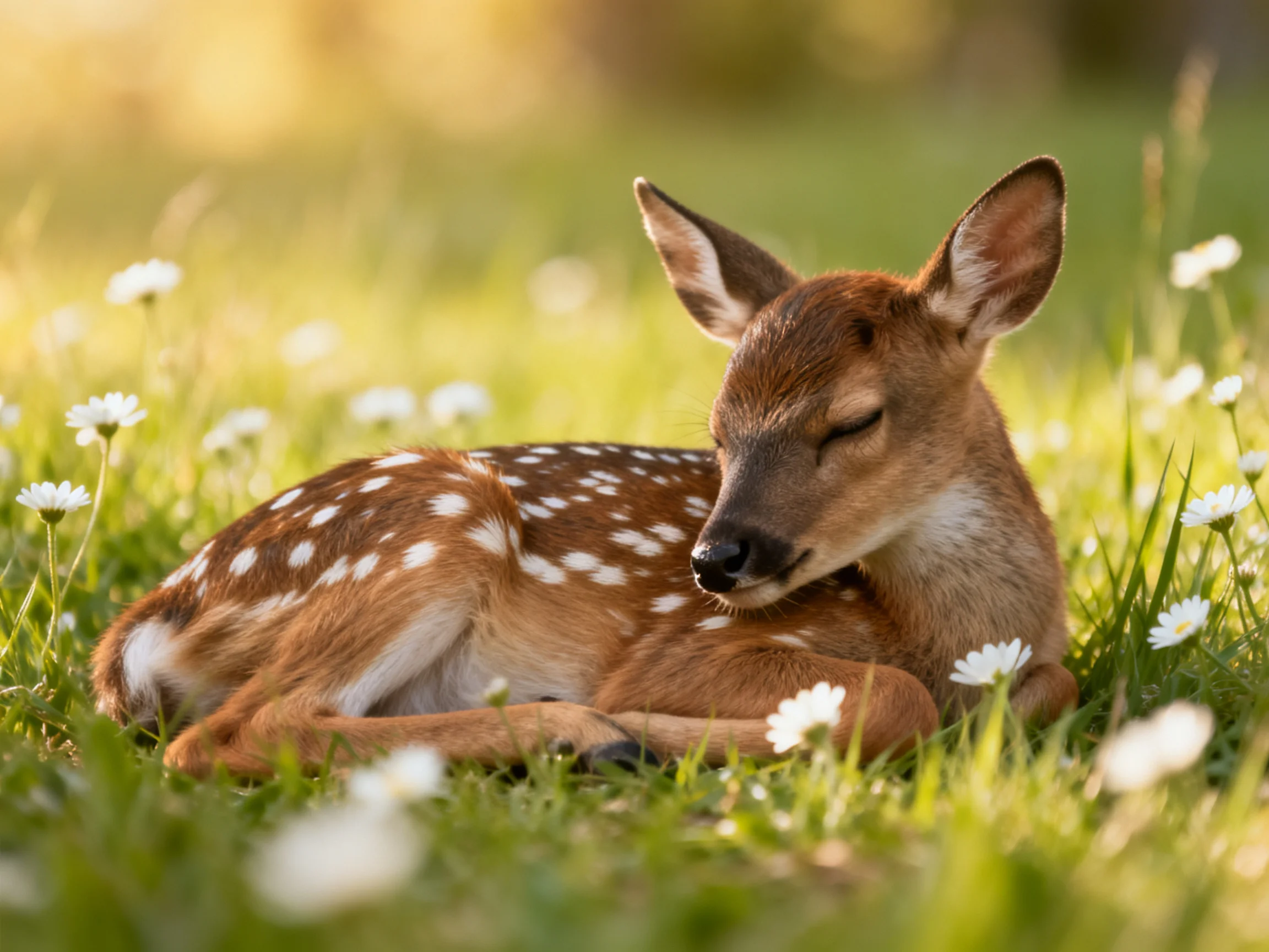 A young deer with white spots sleeps peacefully among flowers in a sunlit field.