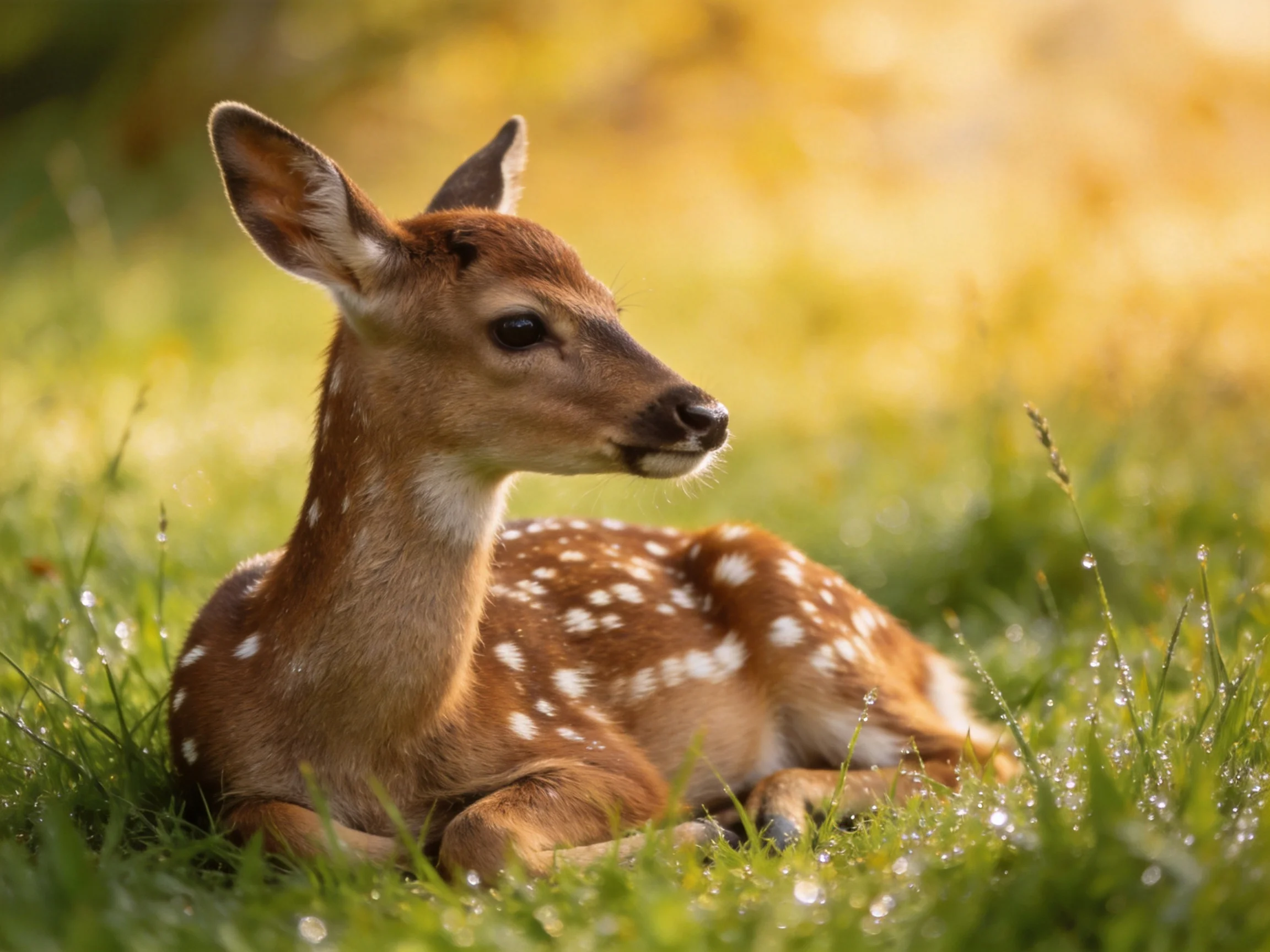 A spotted fawn rests in dewy green grass amid golden sunlight