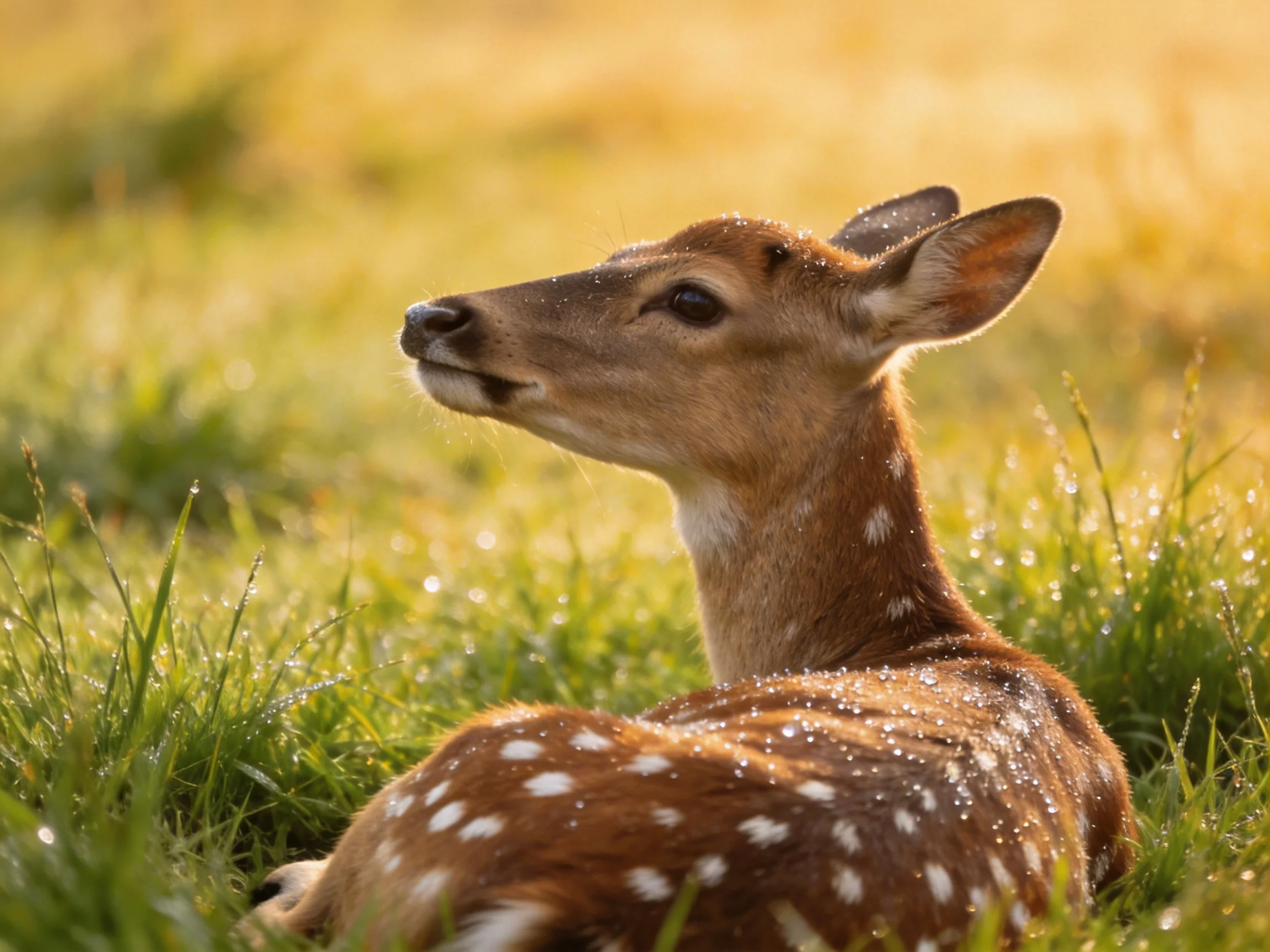 A spotted fawn rests in dewy sunlit grassy terrain