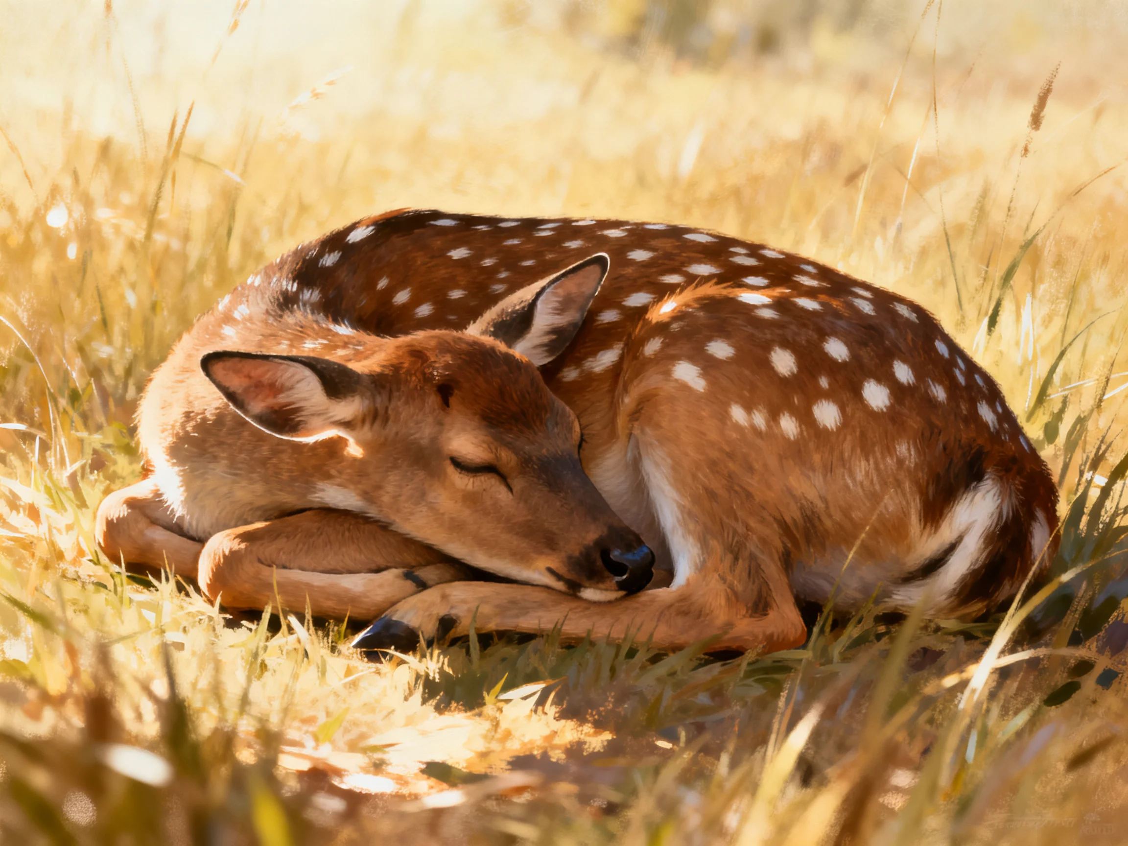 A spotted fawn rests in sun-kissed tall grass