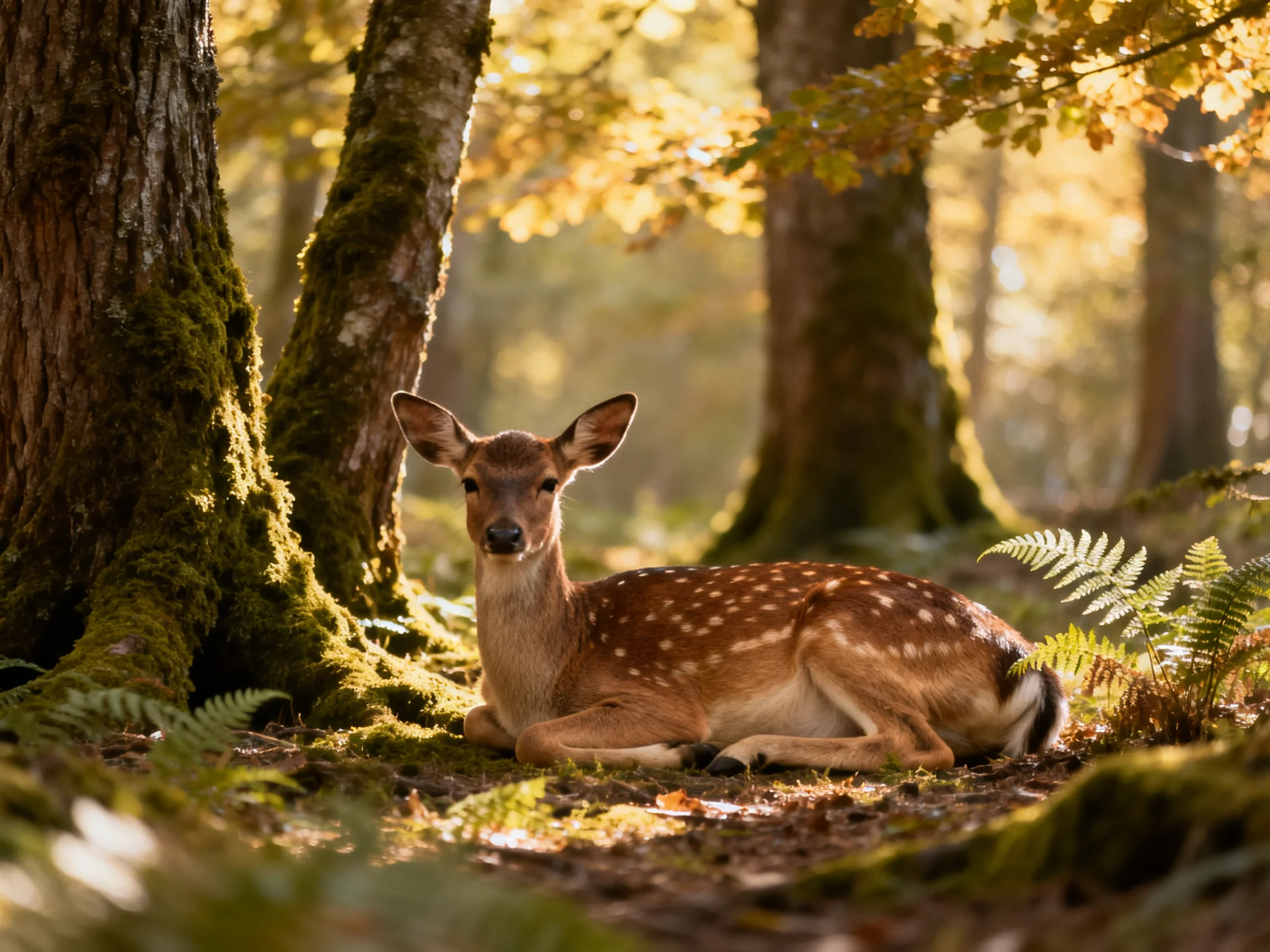 A spotted fawn rests near mossy tree trunks in golden sunlight