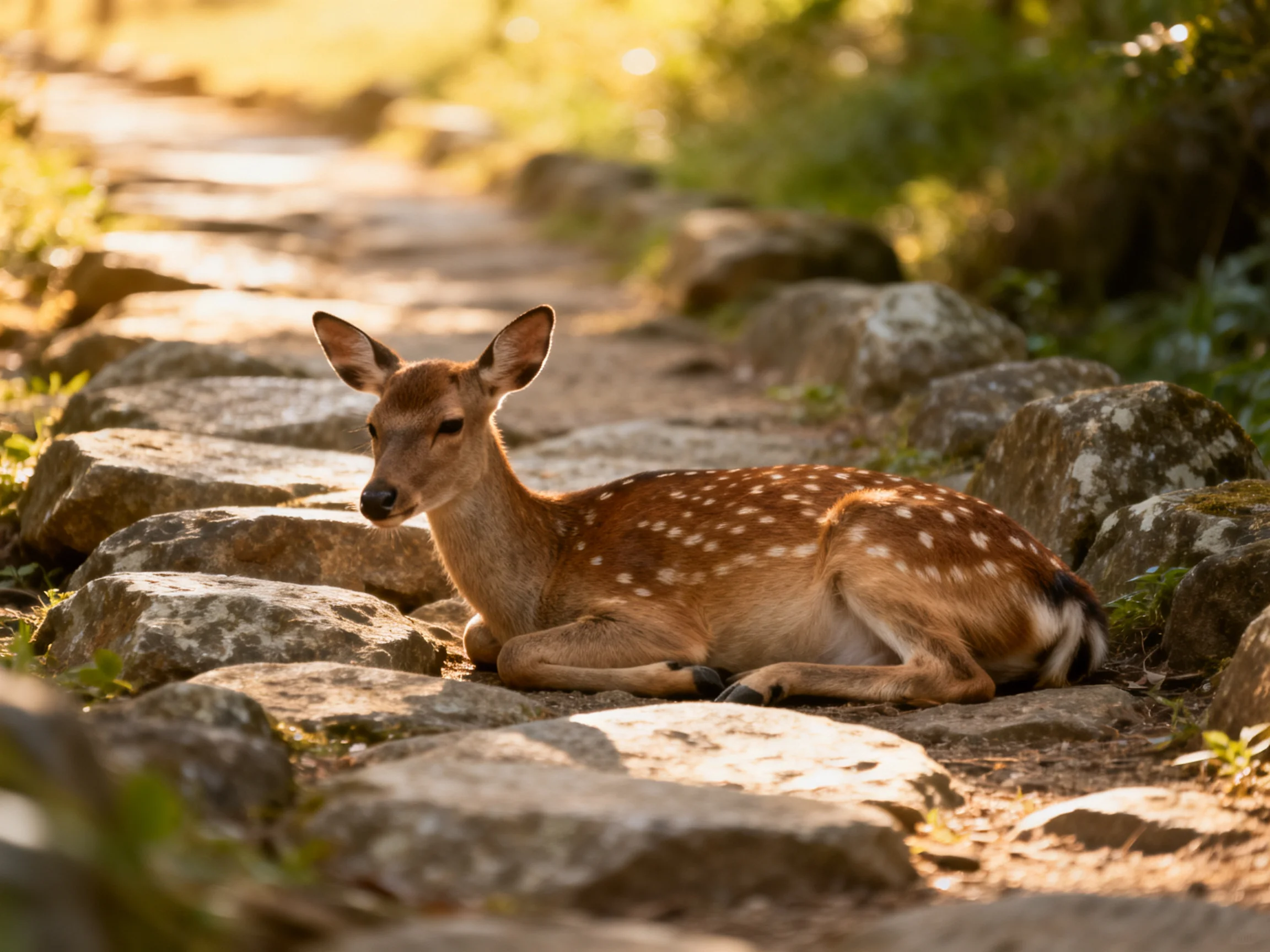 A spotted fawn rests on an ancient stone path bathed in golden light