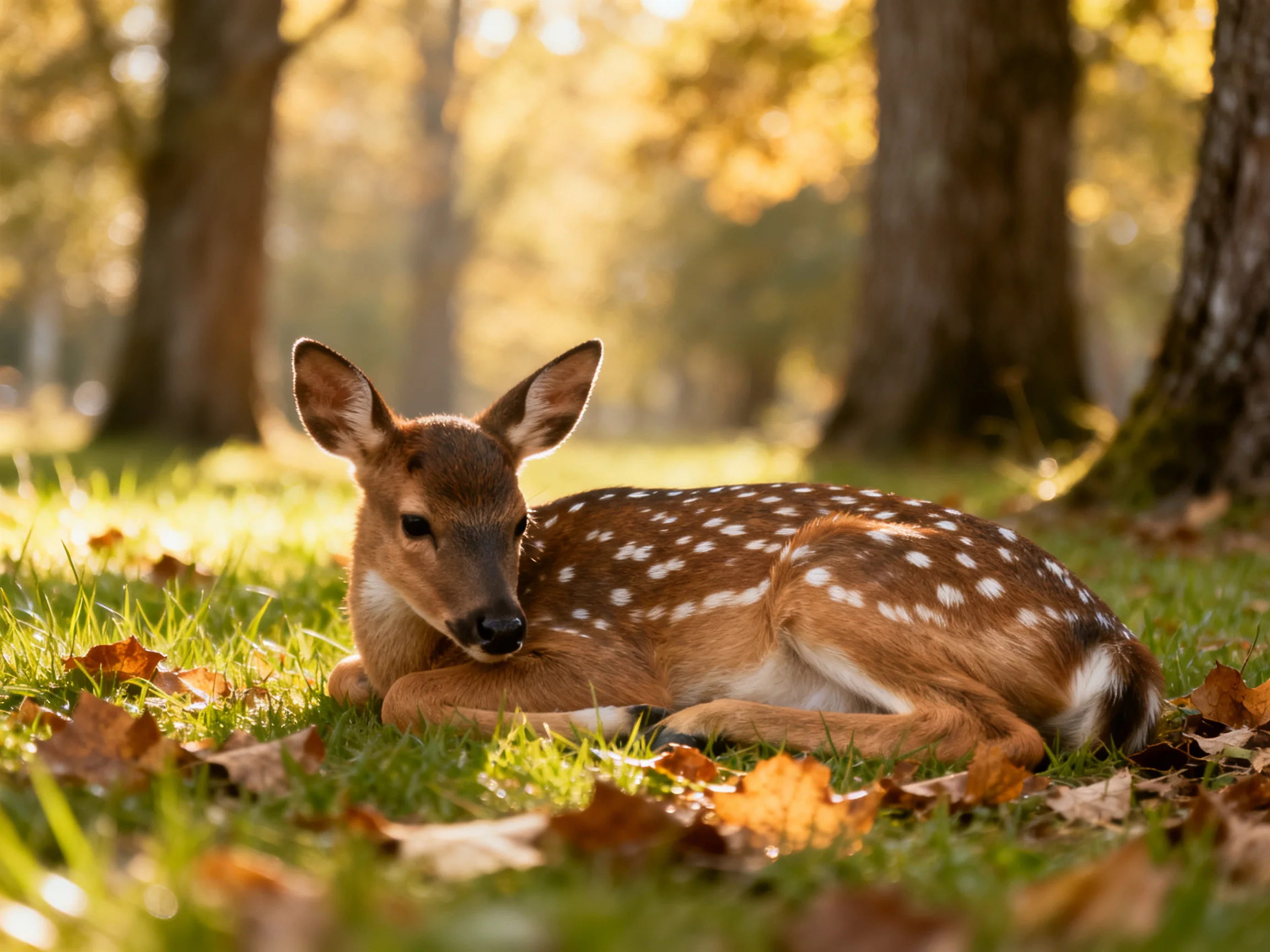 A young spotted fawn rests on grass in a sunlit autumn forest.