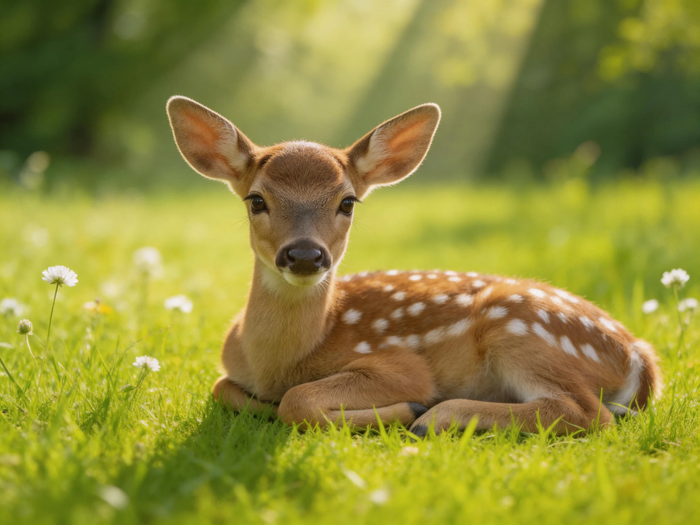 A spotted fawn rests on lush green grass amid small white blooms