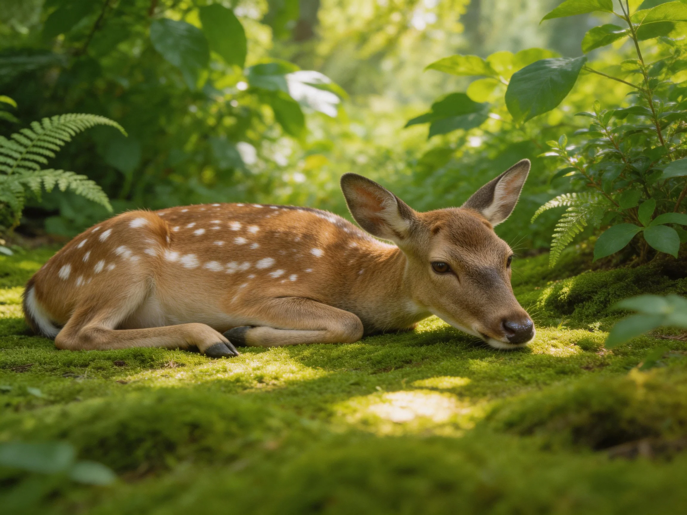A spotted fawn lies peacefully on moss in a sun-dappled forest.