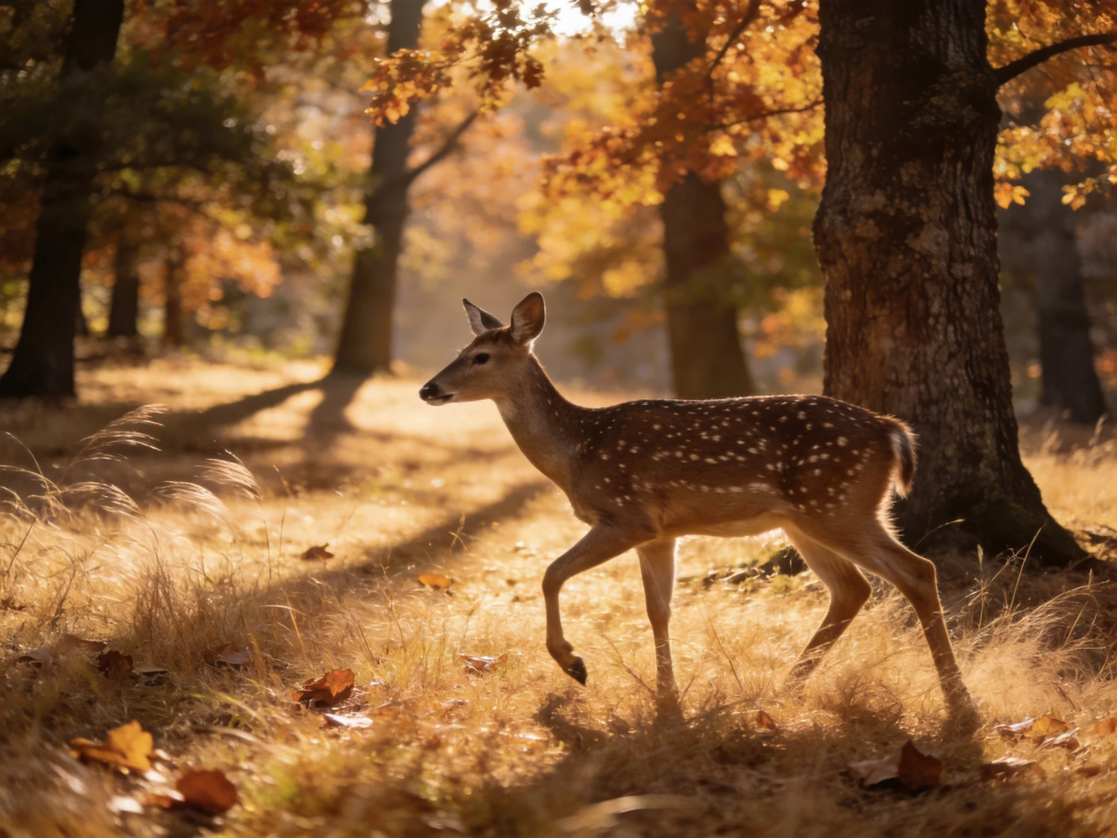 A spotted fawn roams a sunlit autumn forest with golden grass