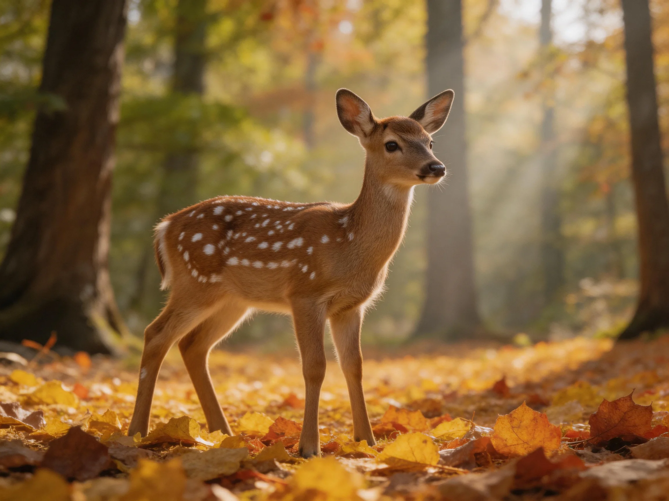 A young deer with white spots stands among fallen leaves in a sunlit woodland.
