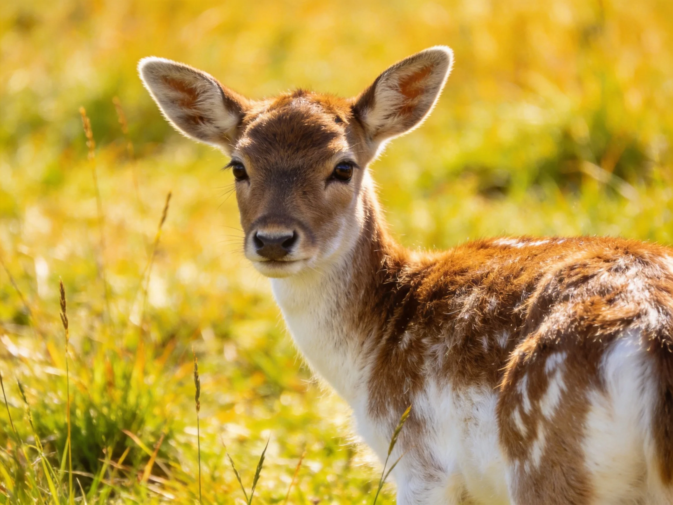 A young spotted deer stands in a sunlit grassy field.