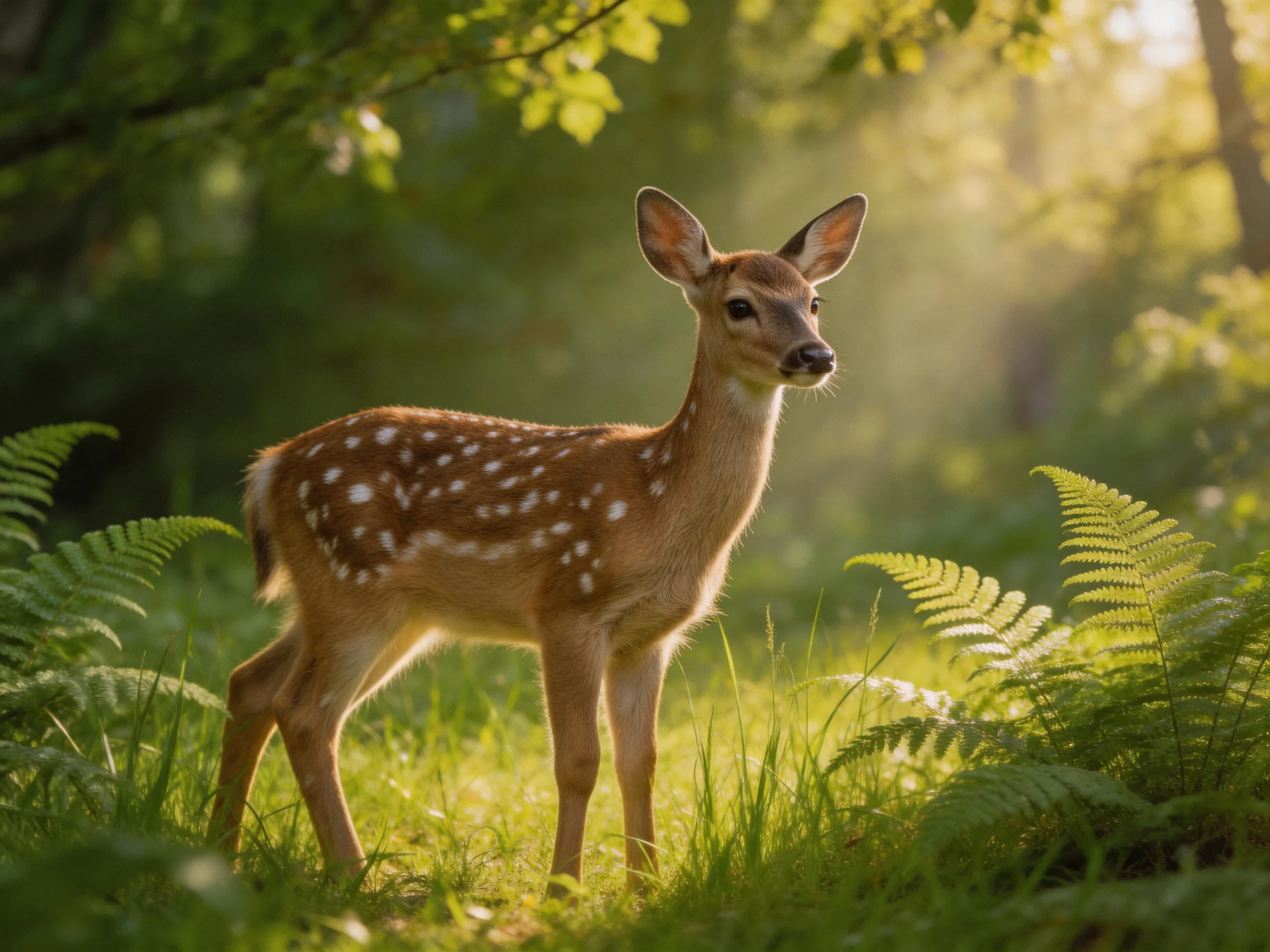 A young deer with white spots is surrounded by ferns in a sunlit woodland.