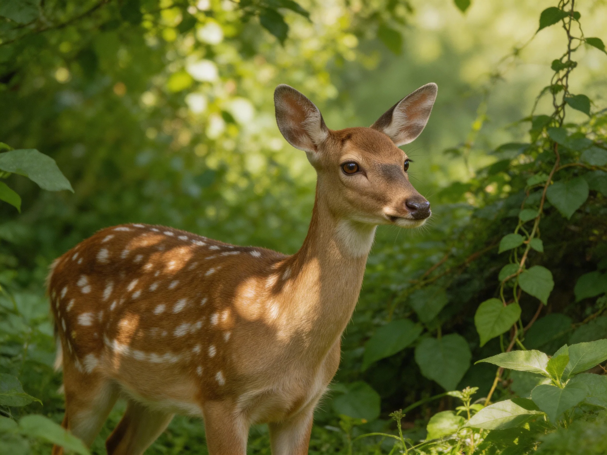 A young deer with white spots is in a sun-dappled green forest.