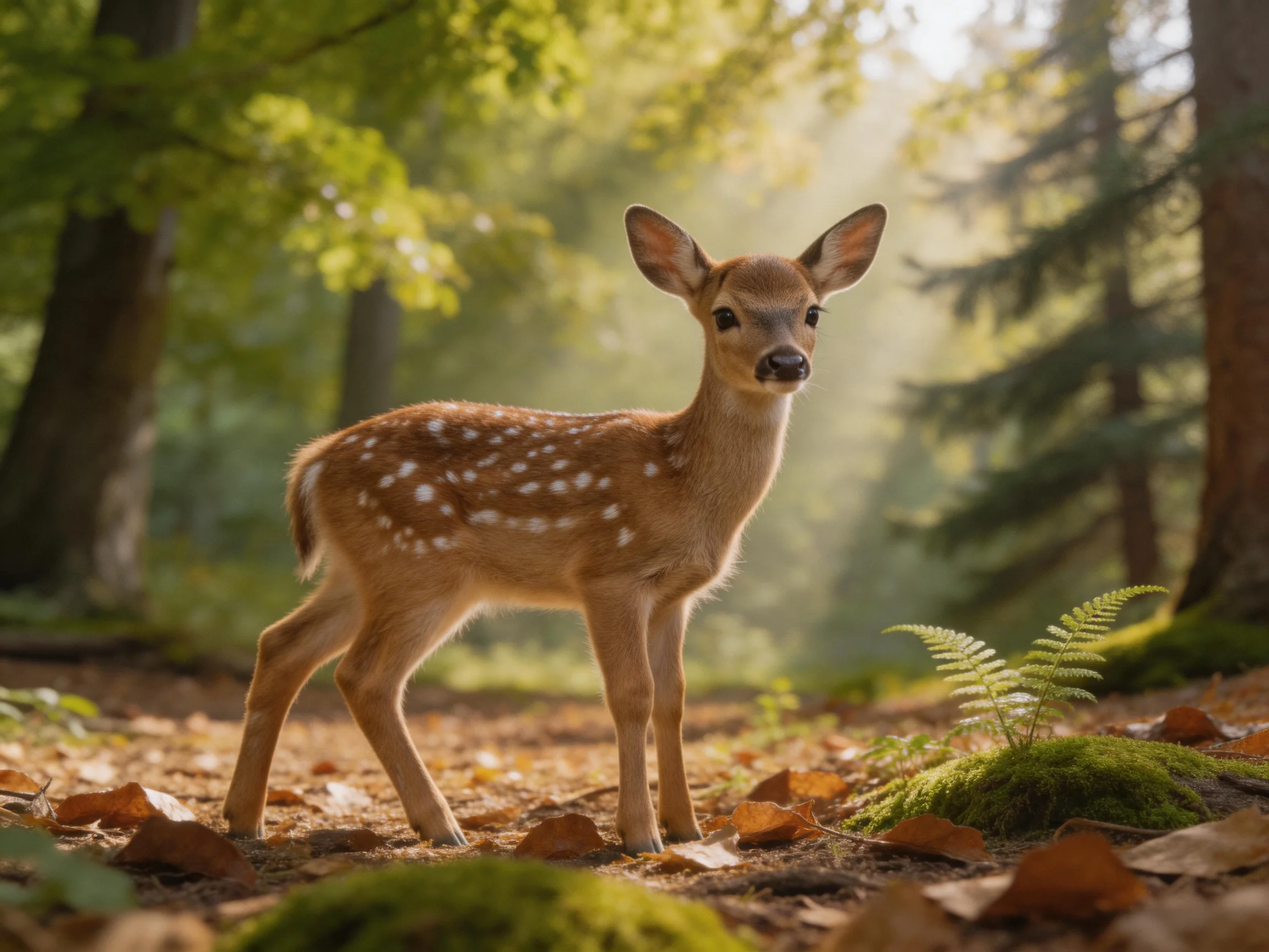 A young spotted deer is in a sunlit forest clearing.
