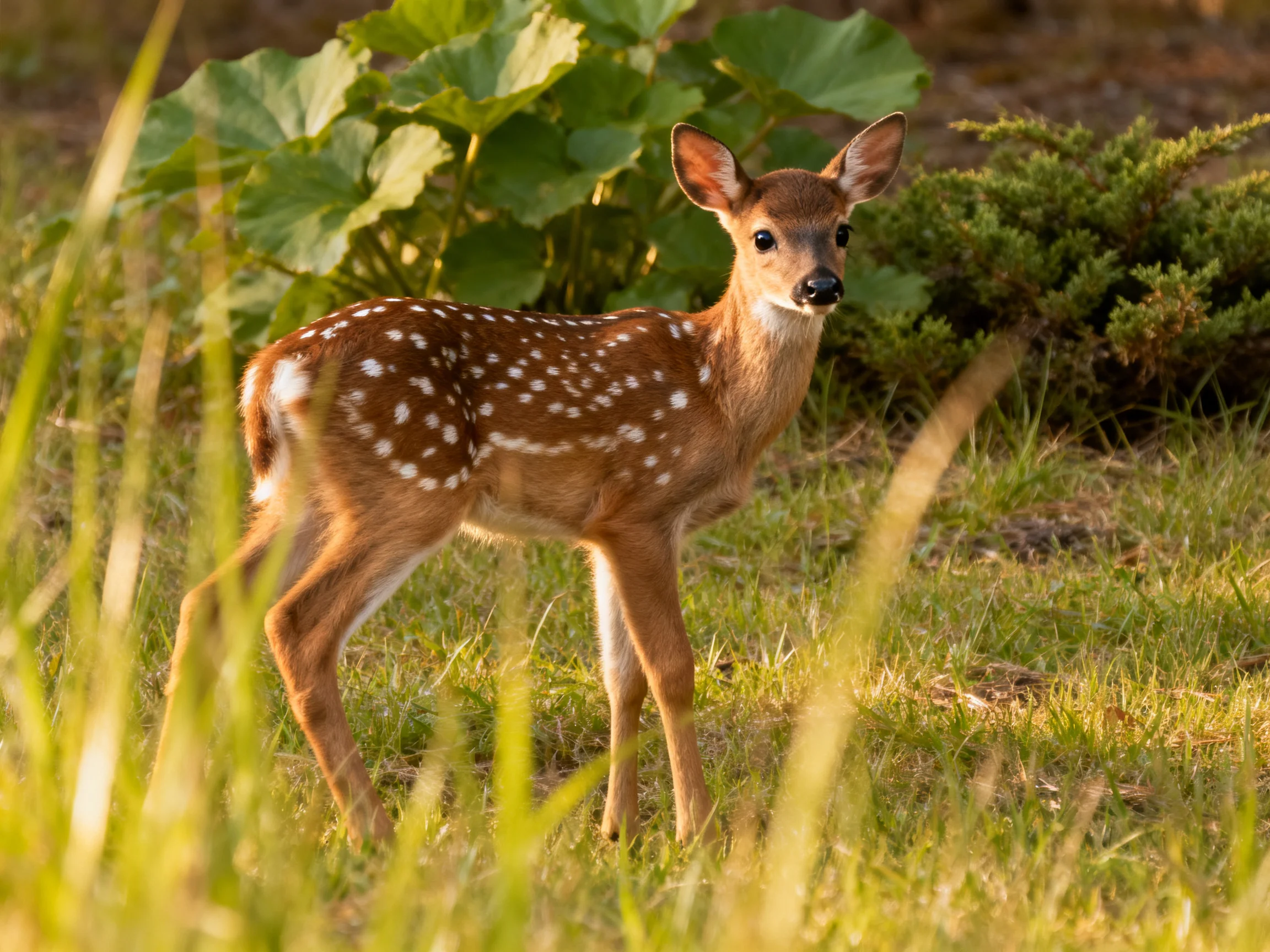 A spotted fawn stands amid tall grass and leafy vegetation