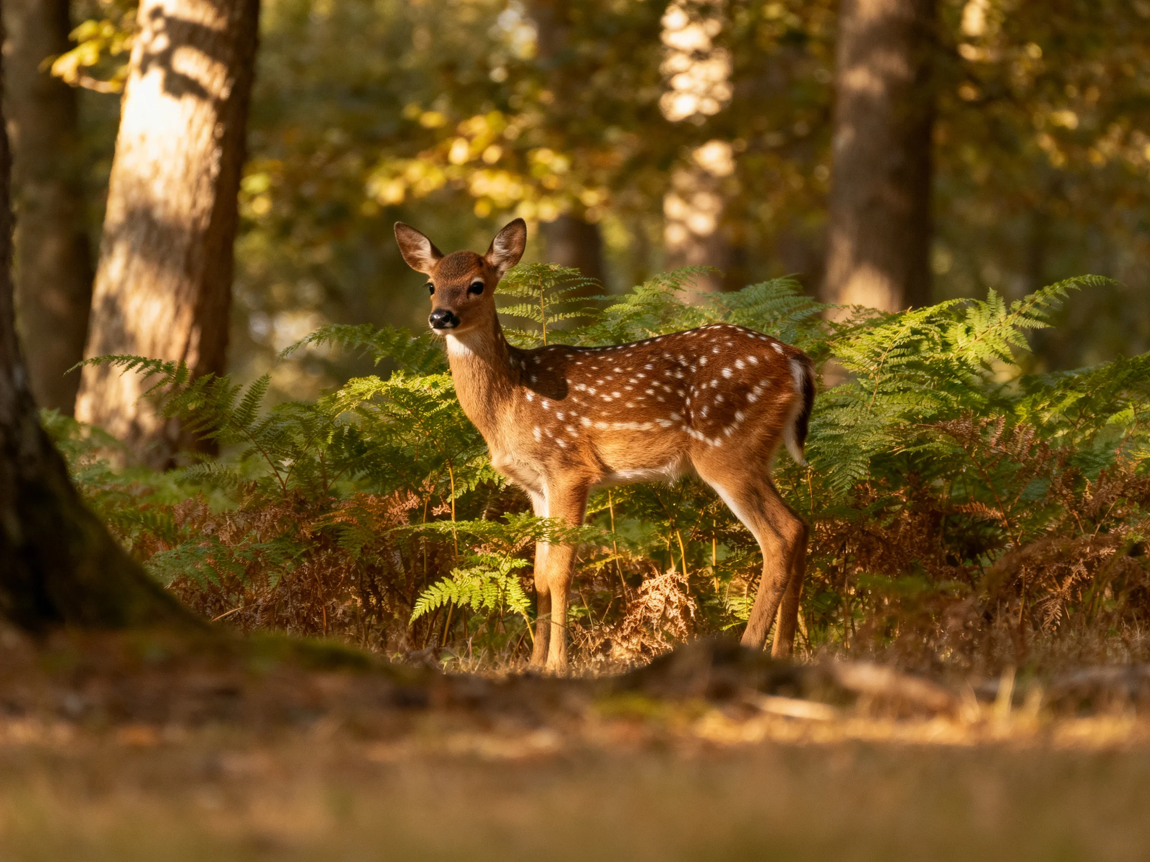 A young deer with white spots is in a sunlit forest with ferns nearby
