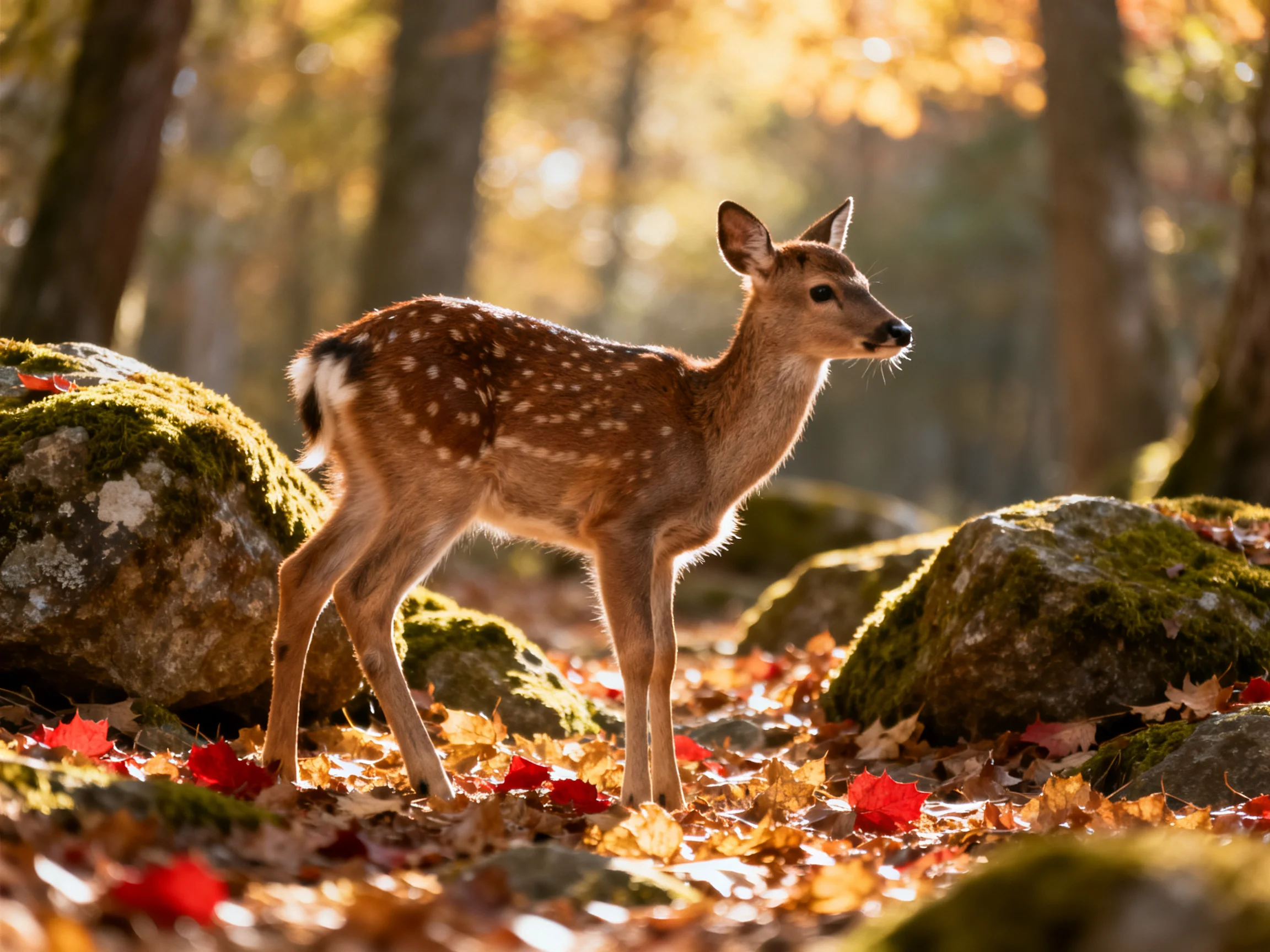 A spotted fawn stands among mossy rocks and fallen autumn leaves
