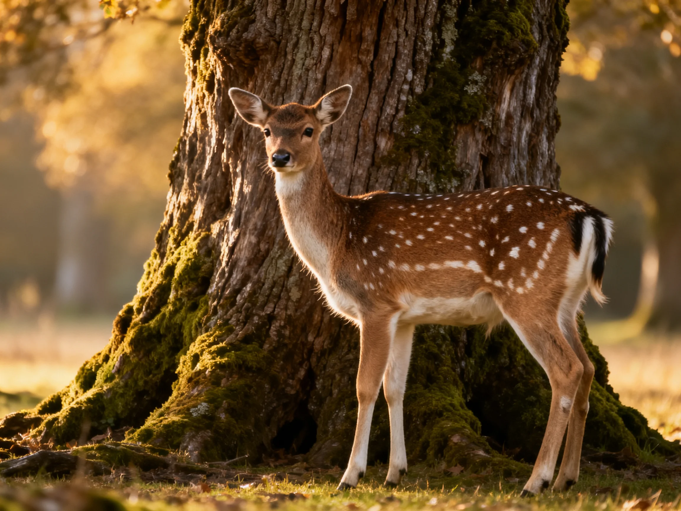 A spotted fawn stands beside a large mossy tree trunk