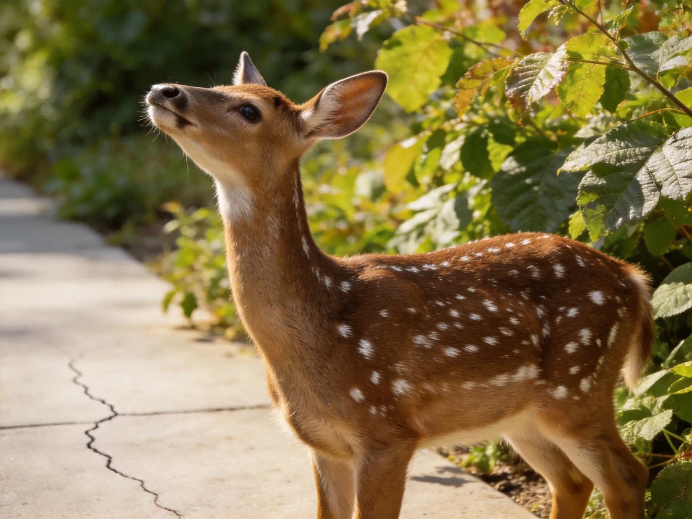 A young spotted deer stands near greenery on a cracked path.