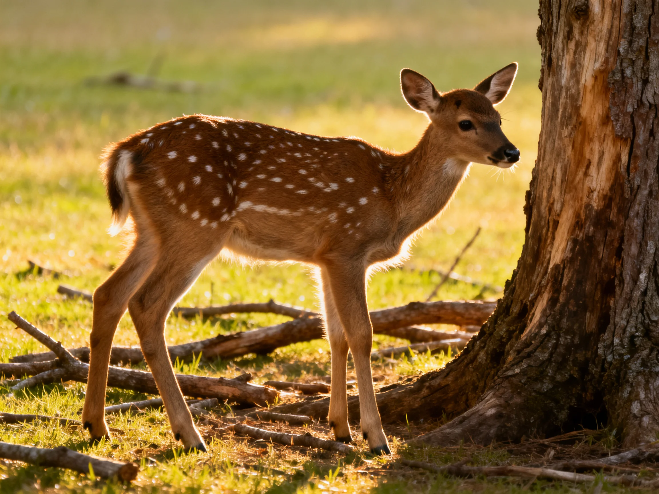 A young spotted deer stands beside a large tree in a sunlit area.
