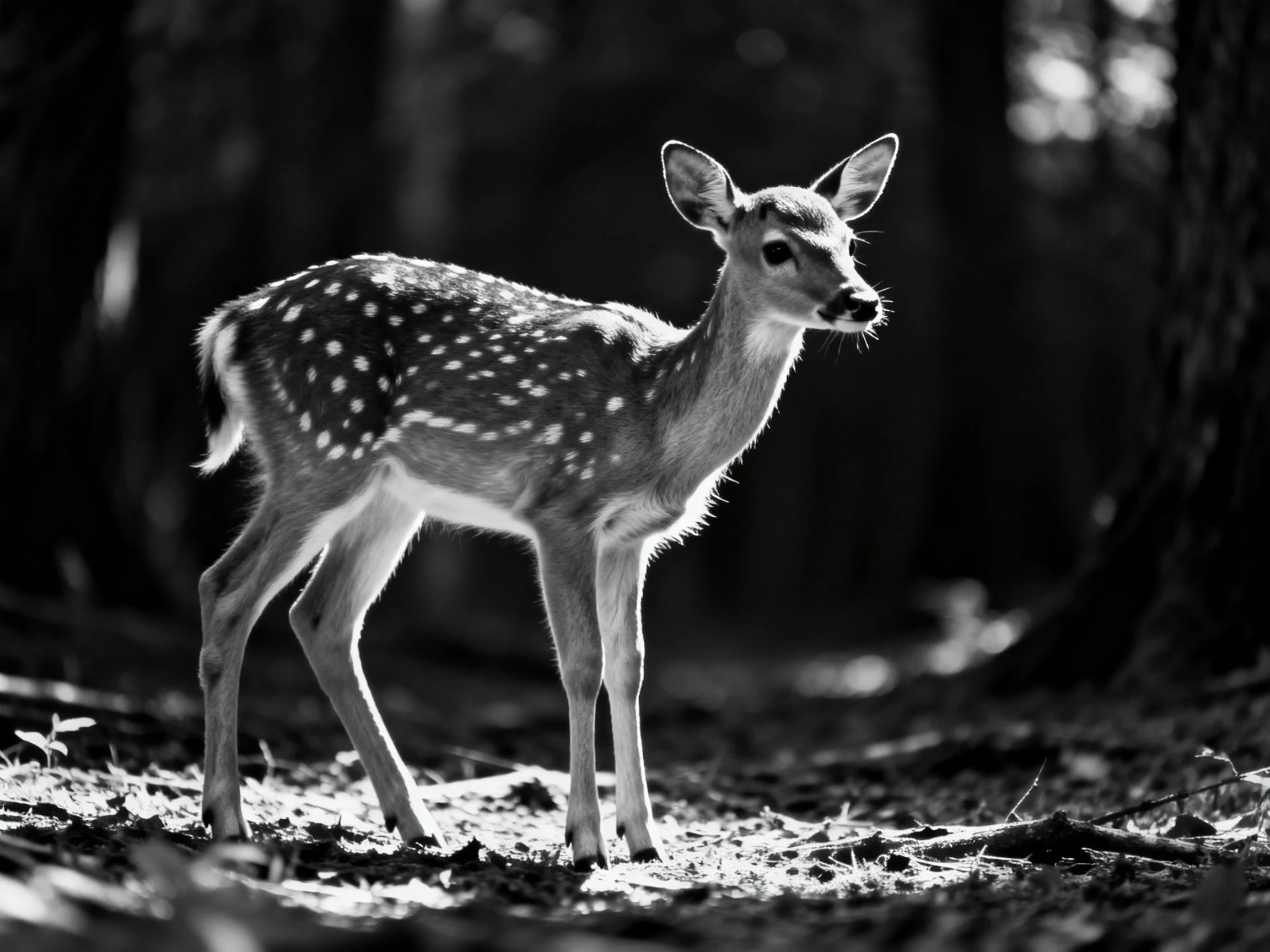 A spotted fawn stands in a dimly lit forest clearing