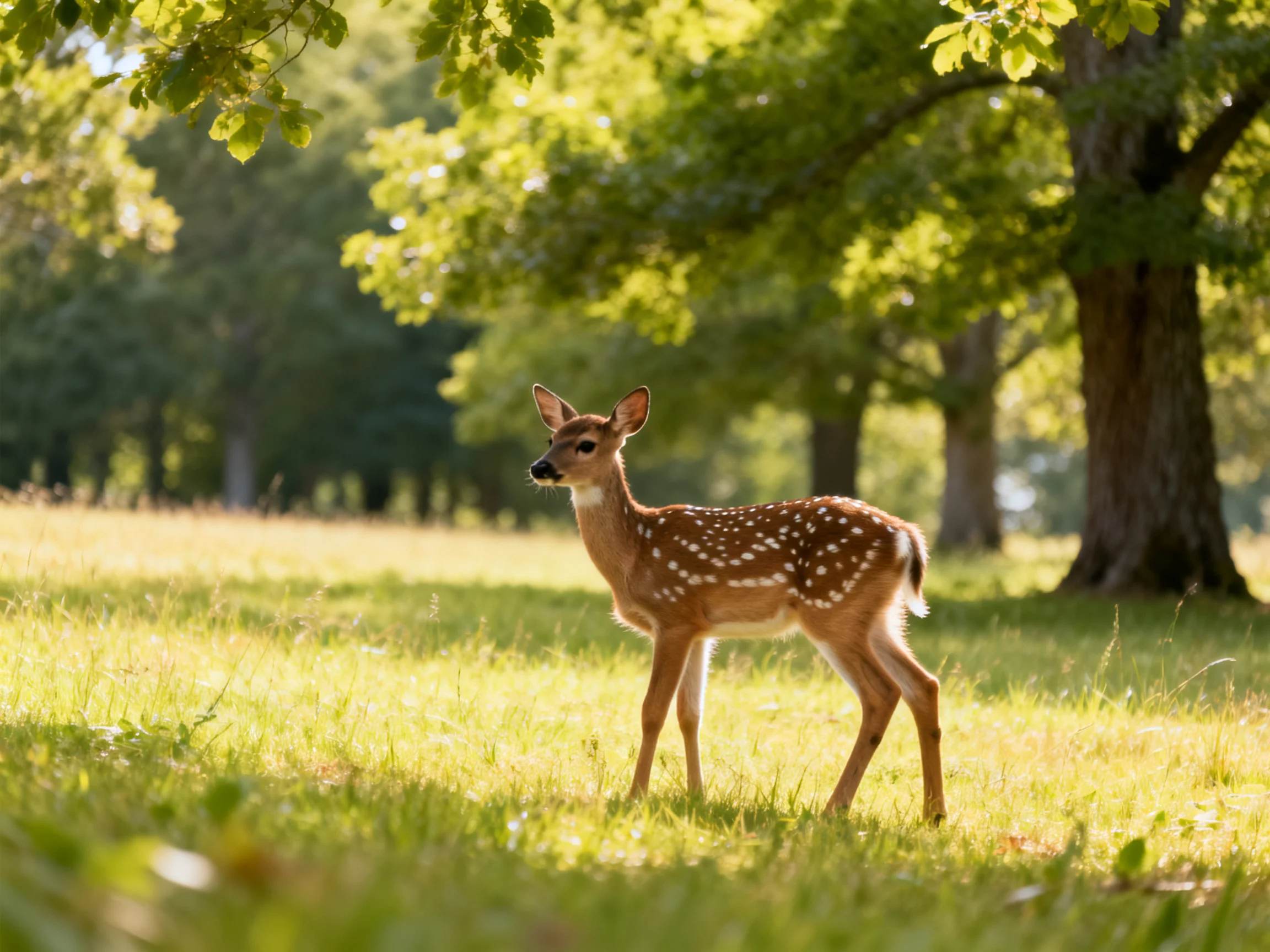 A young deer with white spots stands in a sunlit forest clearing.