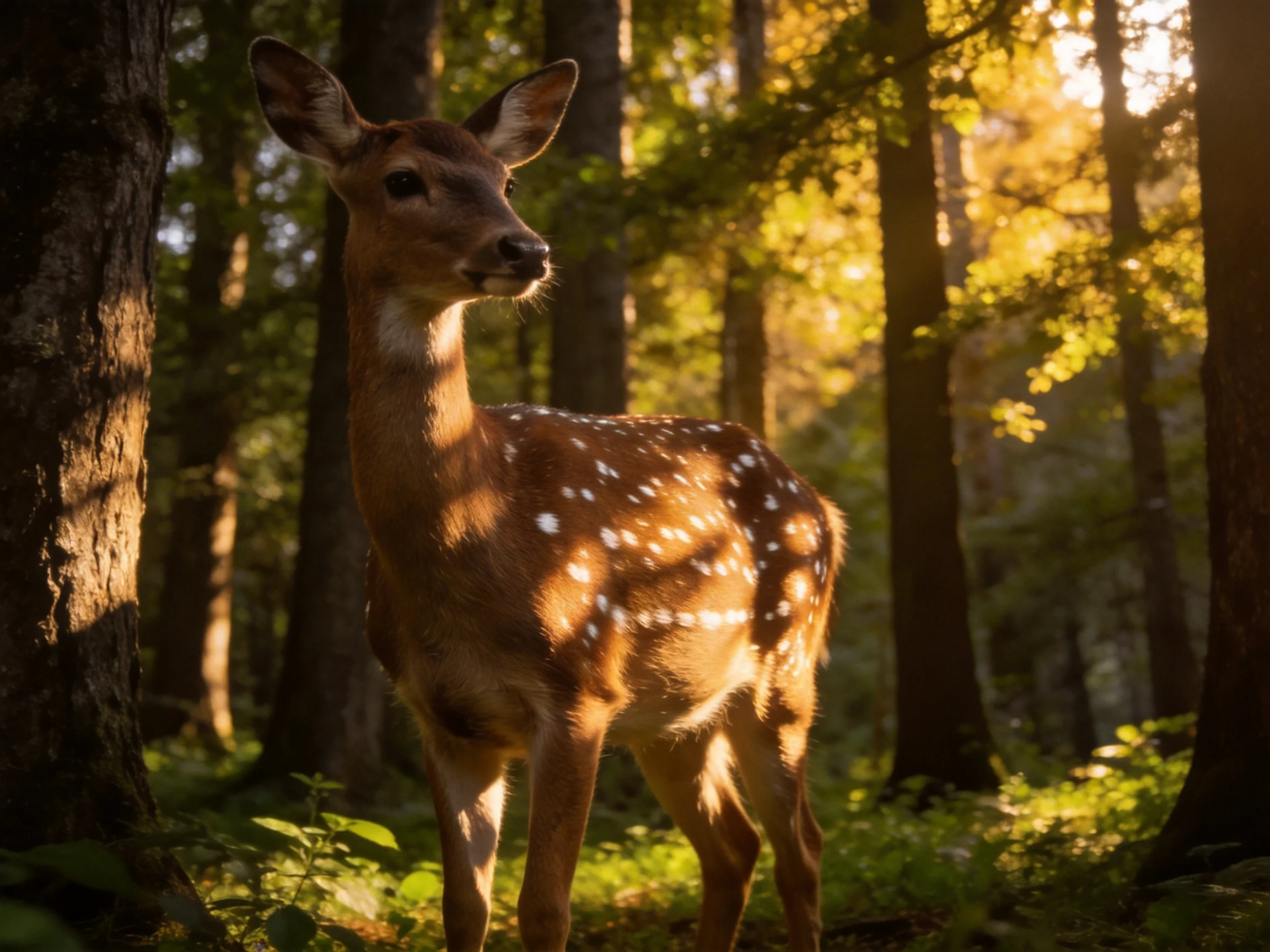 A spotted fawn stands in a sunlit forest among tall trees.
