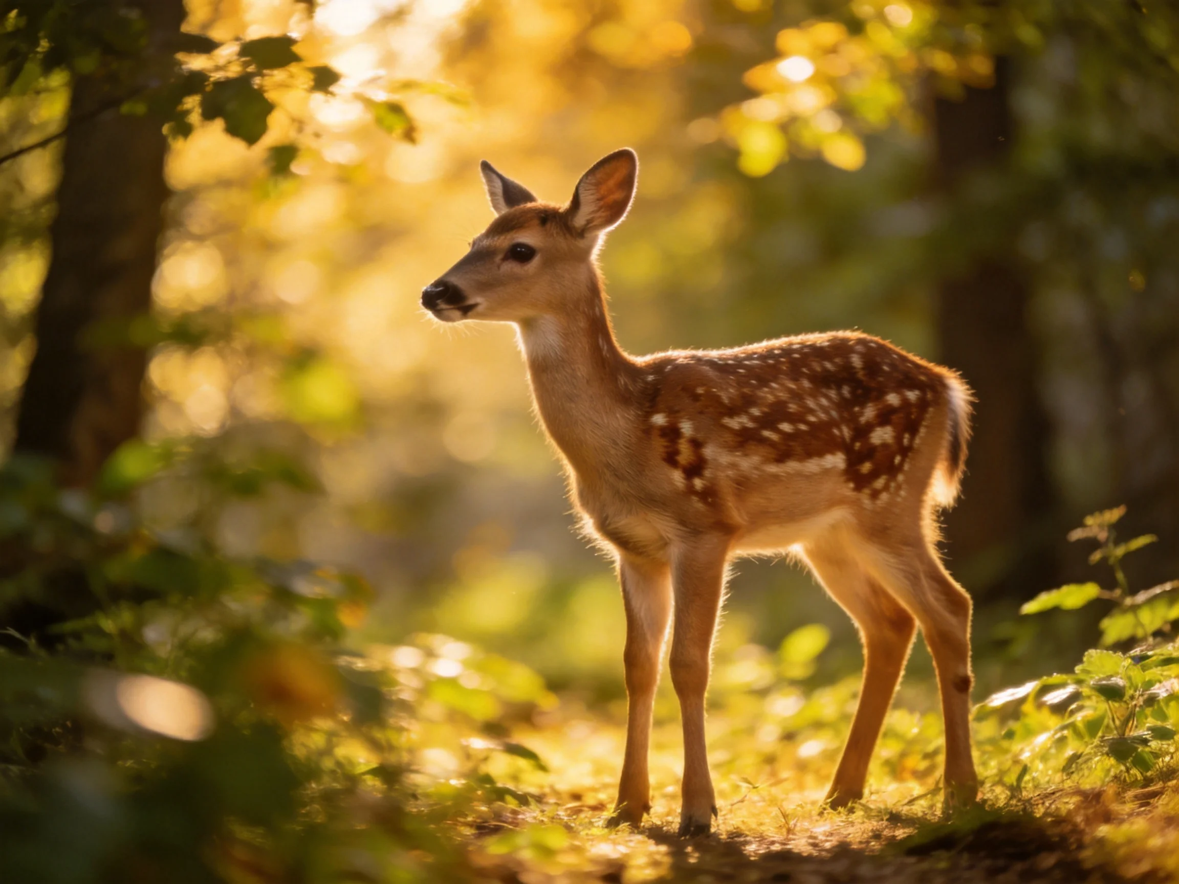 A spotted fawn stands in a sun-dappled forest glade
