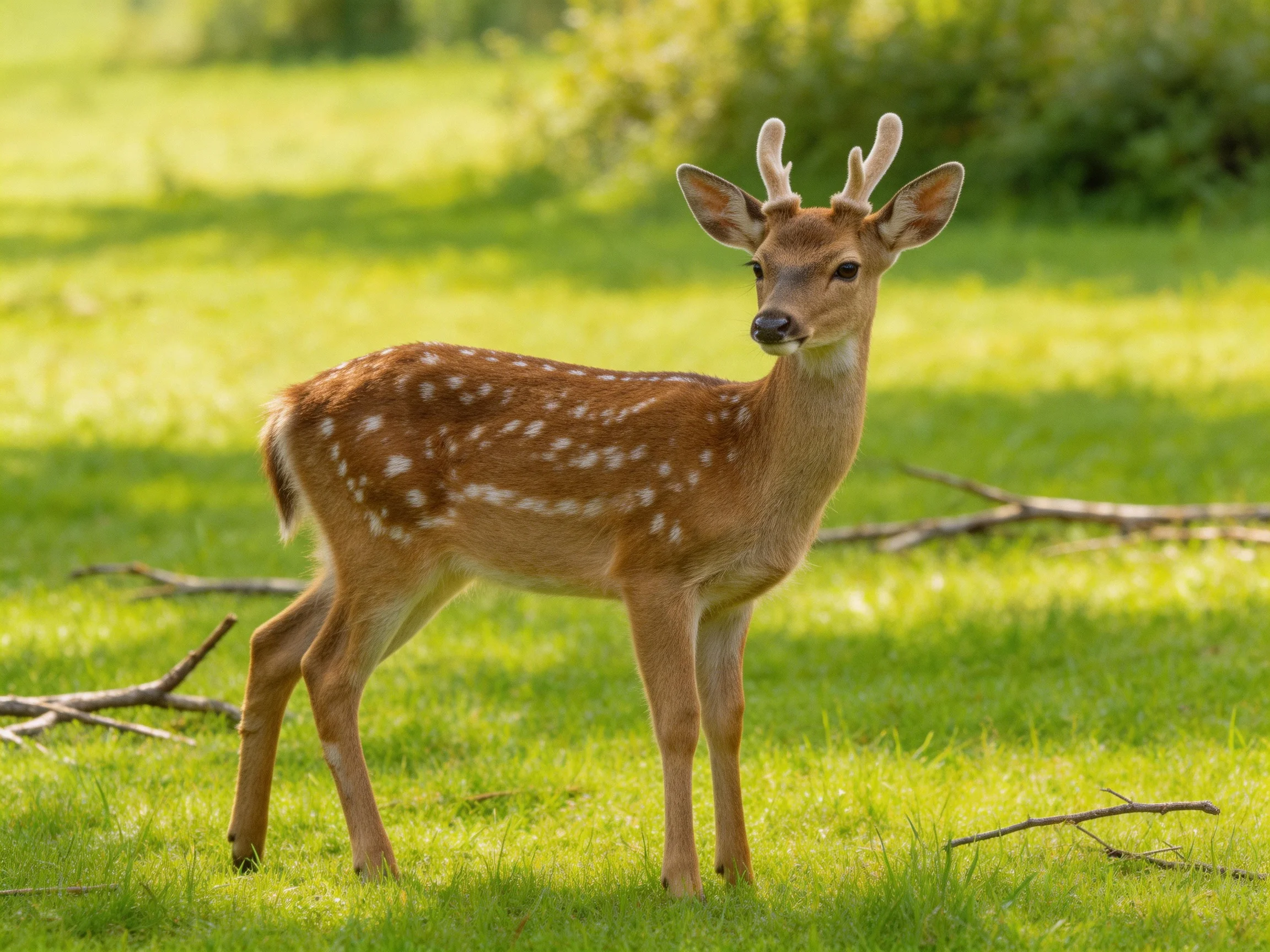 A spotted fawn stands in a sunlit grassy area.