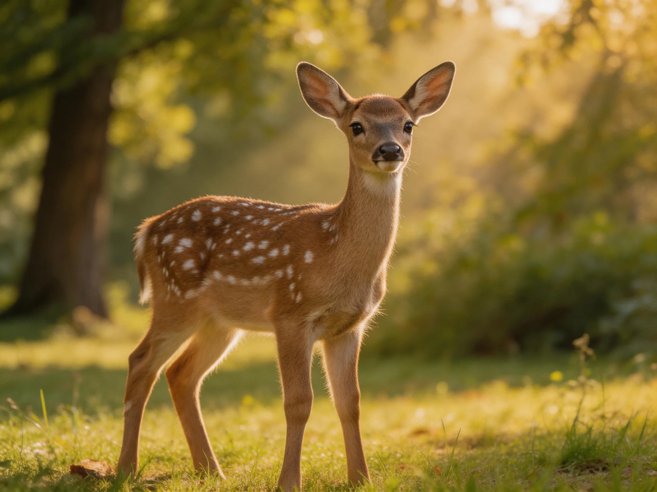 A young deer with white spots stands in a sunlit forest.