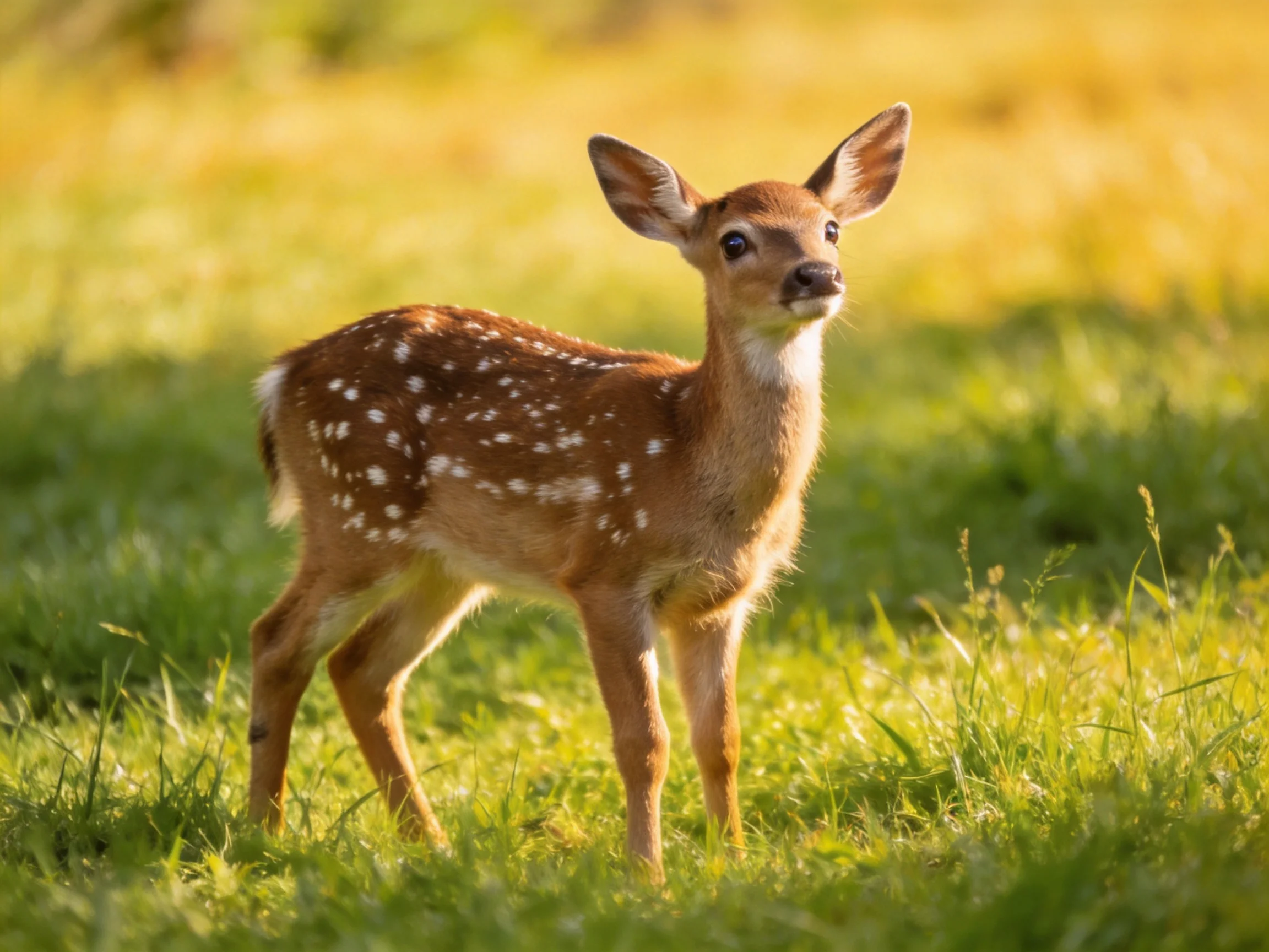 A young deer with white spots stands in a sunlit grassy area.